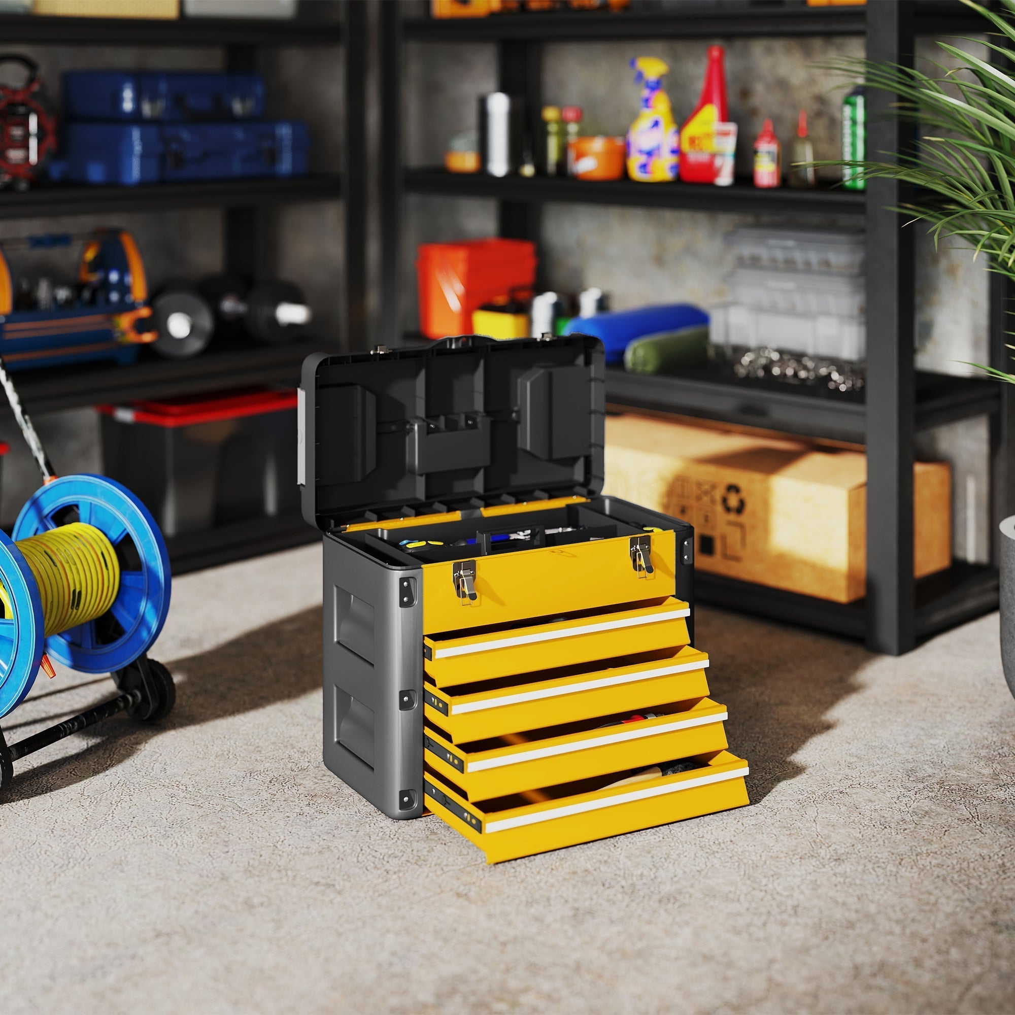 HOMCOM 4 Drawers Large Toolbox - Yellow