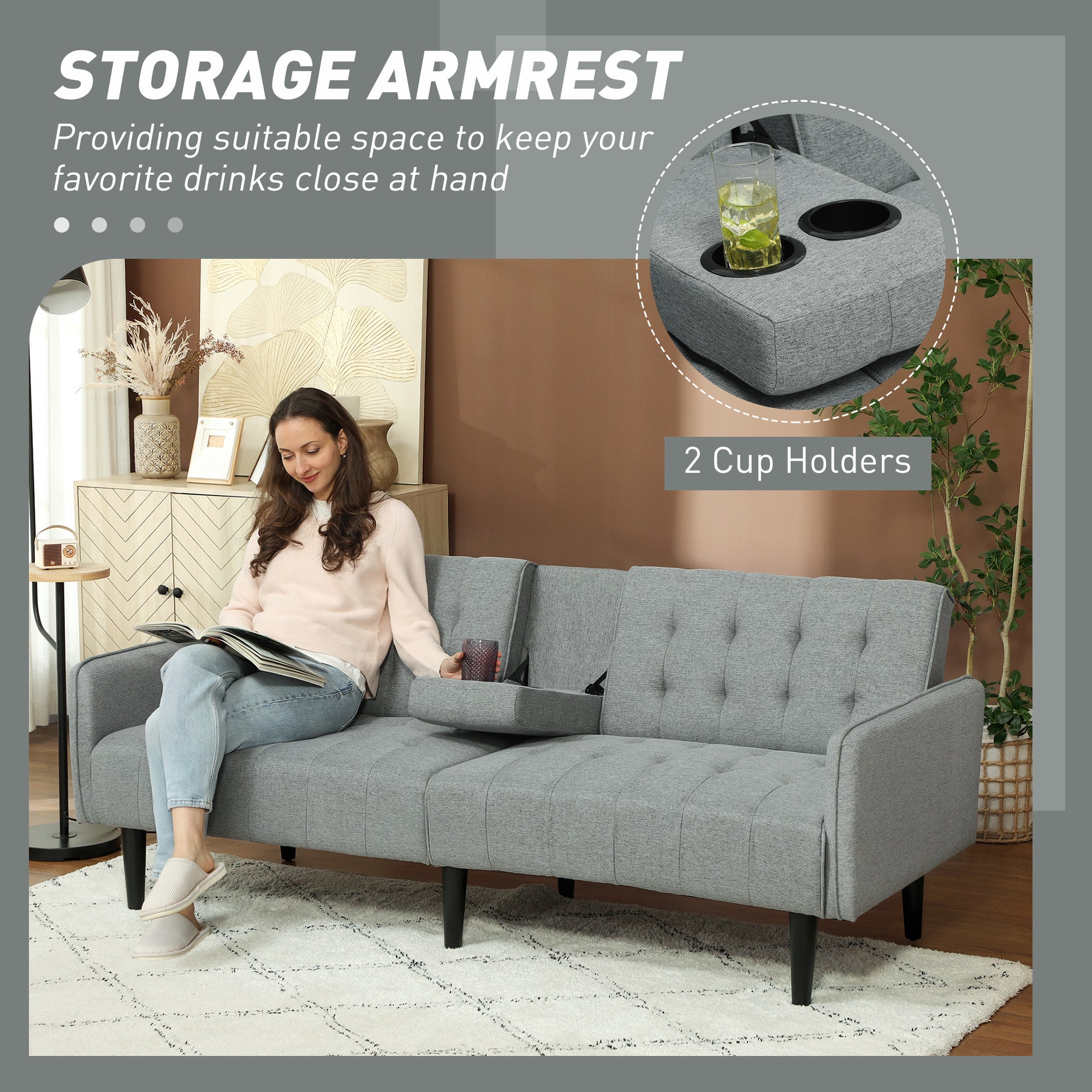 HOMCOM Three-Seater Sofa Bed, with Cupholders - Light Grey