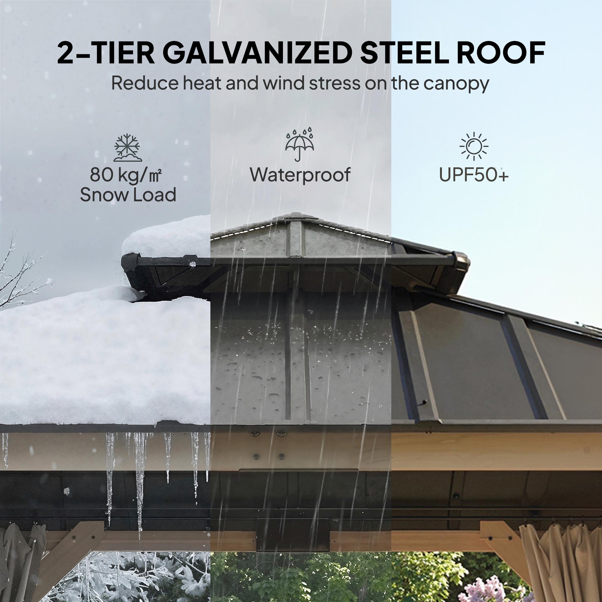 Outsunny 3 x 3 m Outdoor Hardtop Gazebo Canopy with 2-Tier Steel Roof, Wood Garden Gazebo with Curtains, Light Grey