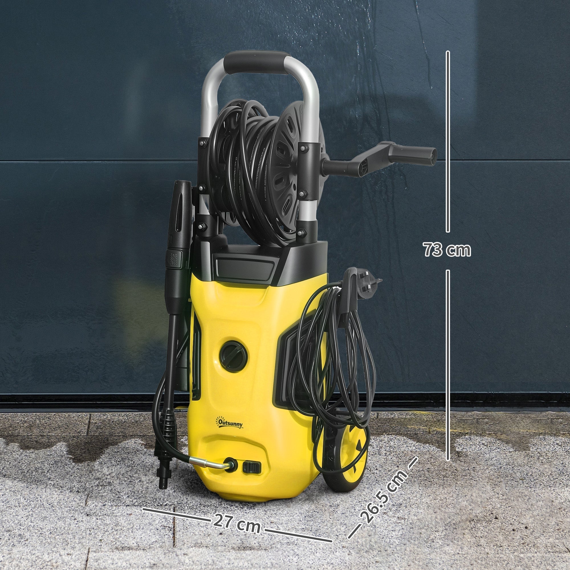 Outsunny 1800W High Pressure Washer, 150 Bar Pressure, 420 L/h Flow, Portable Power Washer Jet Wash Cleaner with Adjustable Nozzle, 6M Hose, Hose Reel, Steel Handle for Home Patio Car Driveway, Yellow