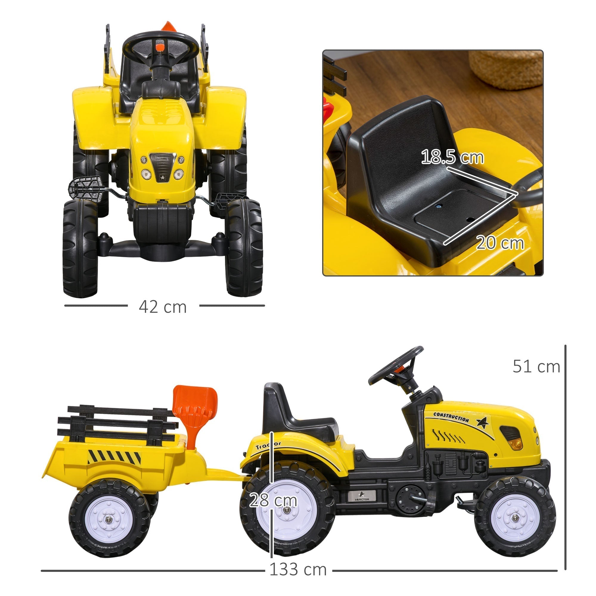 HOMCOM Kids Ride on Tractor with Back Trailer, Shovel & Rake, Horn, Four Wheels Tractor Toy for Child Toddler