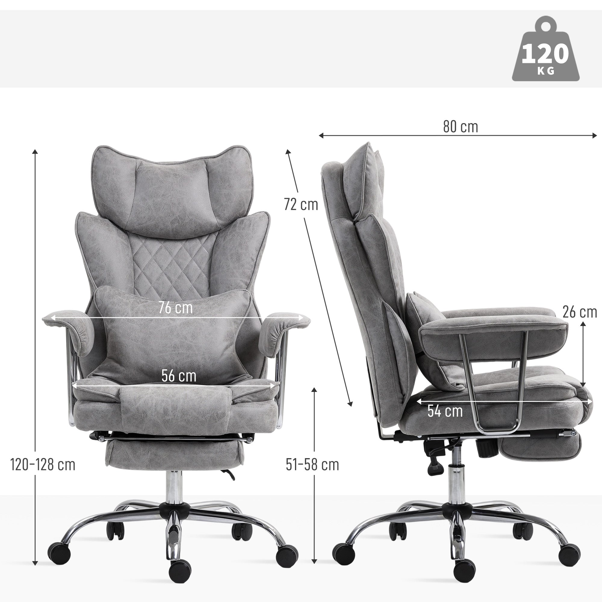 HOMCOM Leathaire Reclining Office Chair with Lumbar Support Pillow - Grey