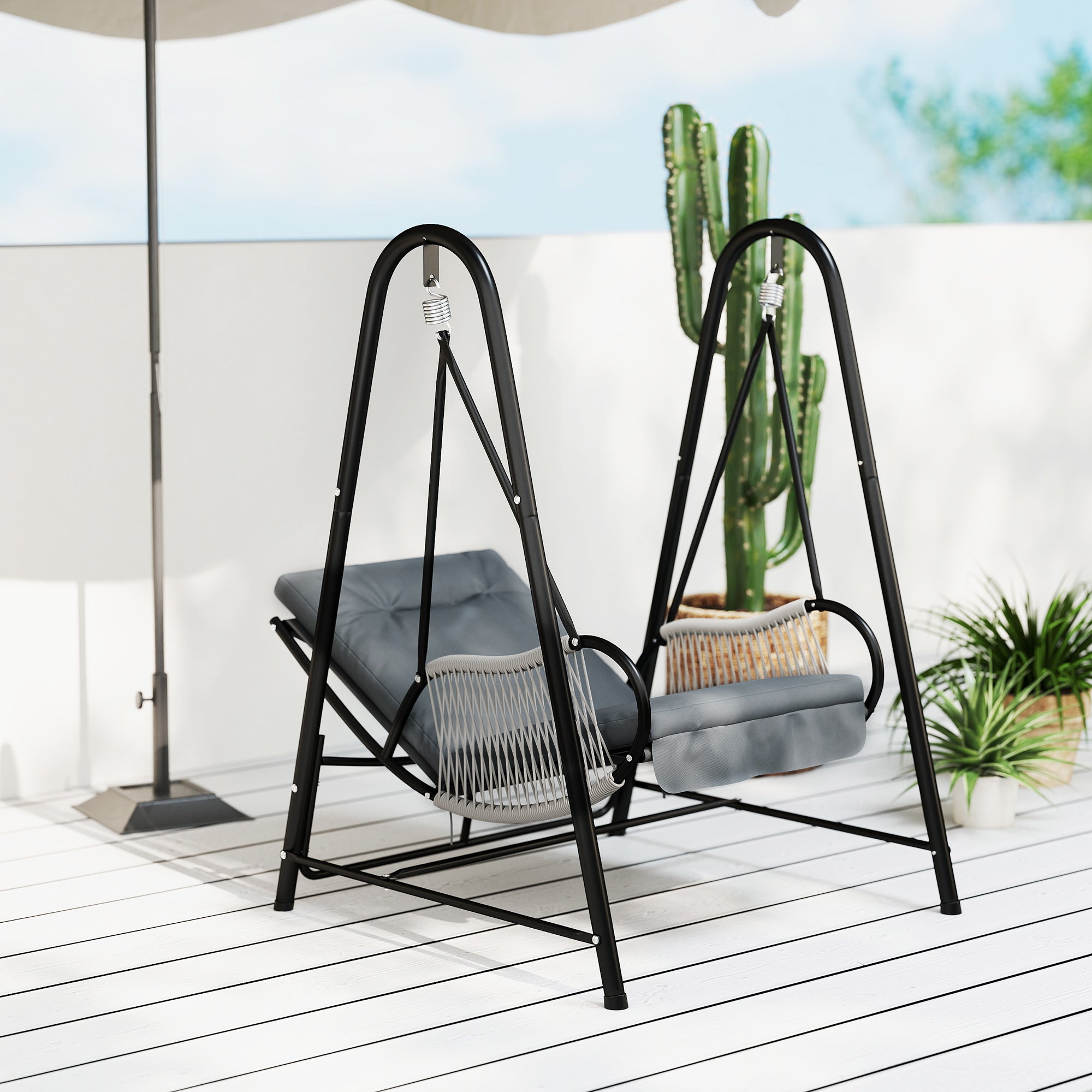 Outsunny Rattan Swing Chair, Outdoor Garden Hanging Swing Seat with Stand and Seat Cushion, Porch Hanging Chair for Balcony, Garden, Deck, Light Grey