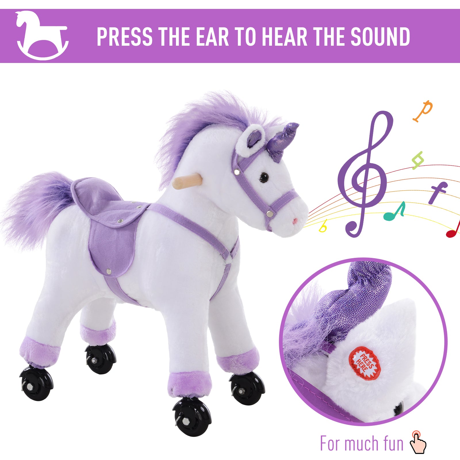 HOMCOM Kids Ride-On Rocking Unicorn, with Realistic Sounds, Handlebars, Purple/White