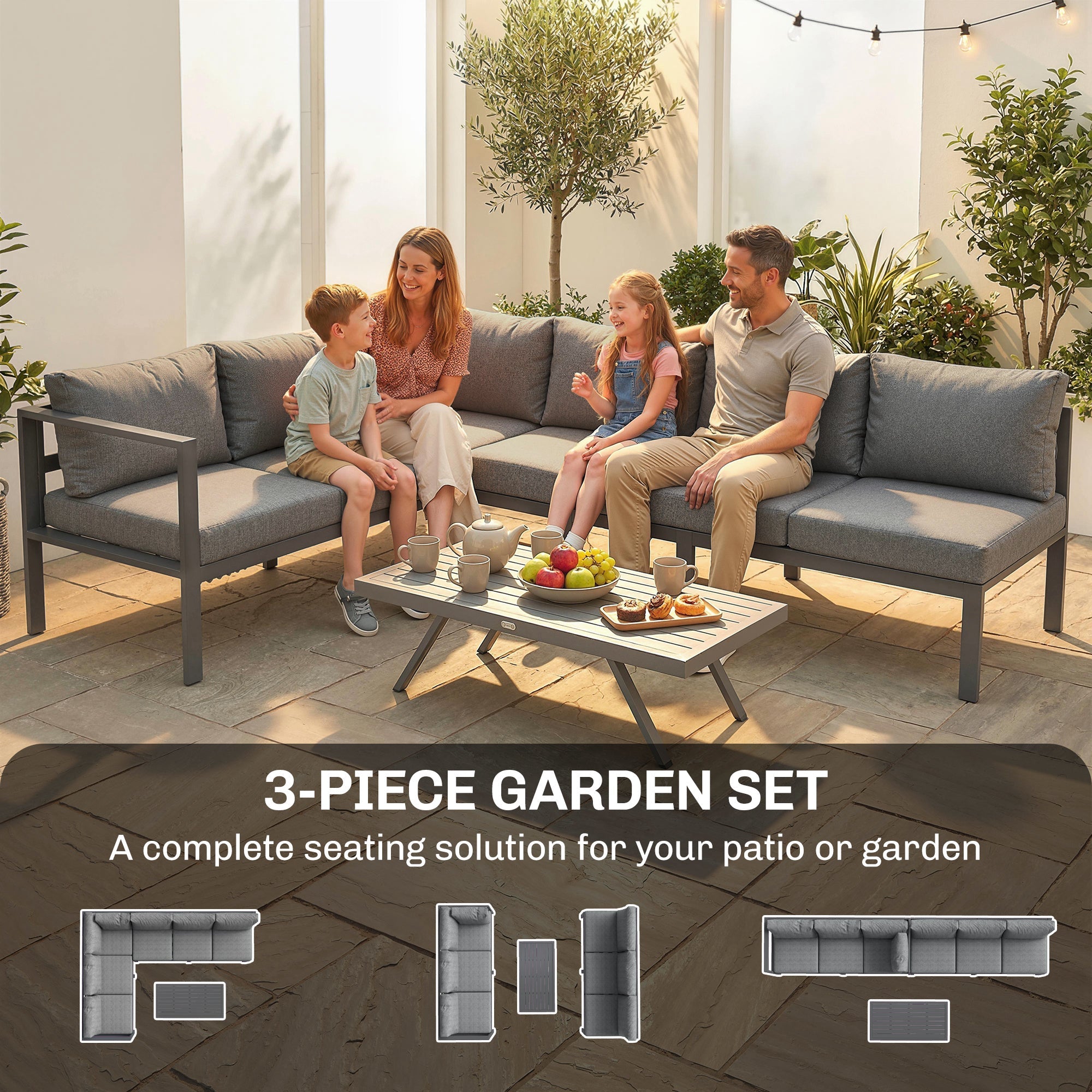 Outsunny 3 Pieces Garden Furniture Set, Aluminium Corner Lounge Set with Adjustable Backrest and Coffee Table