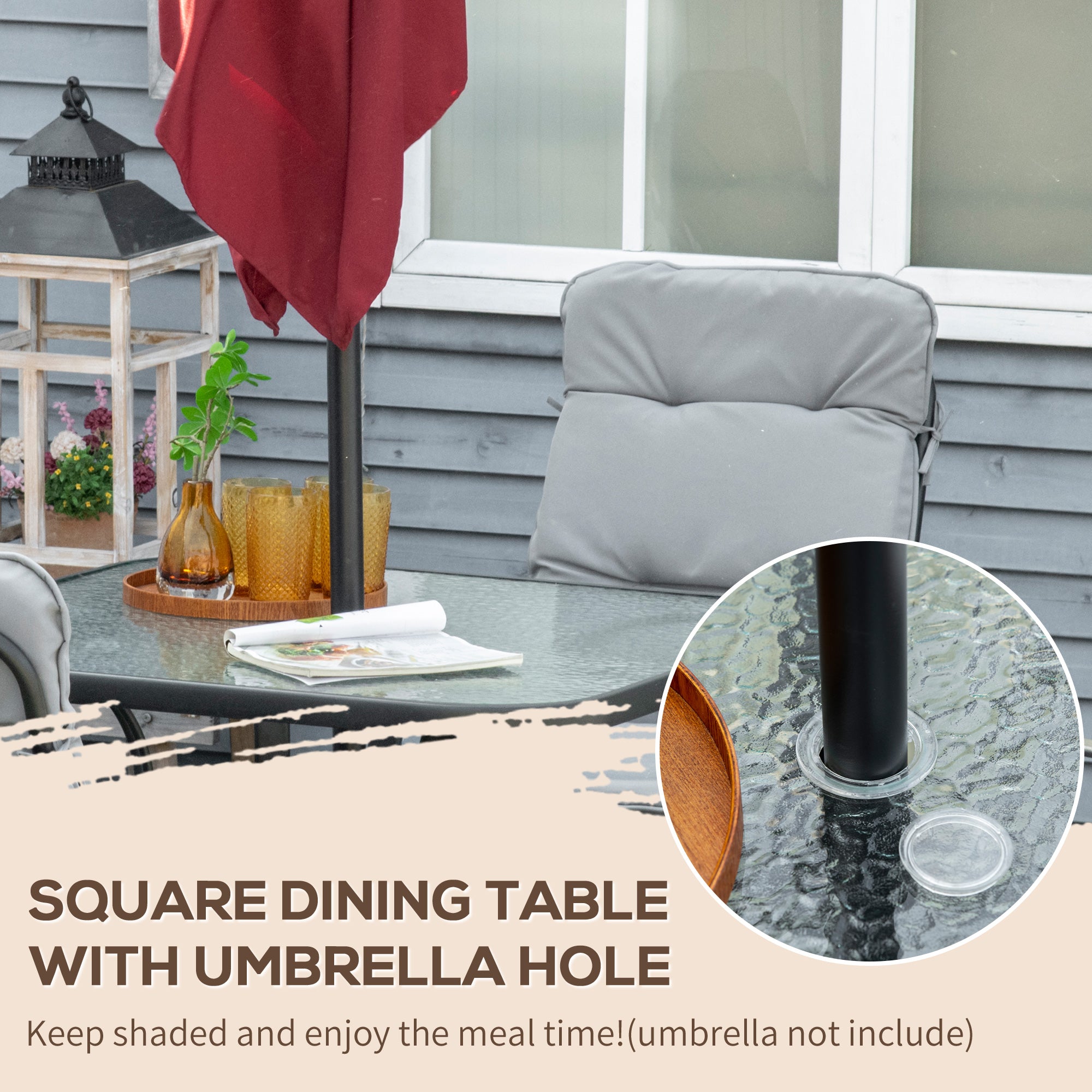 Outsunny 5 Pieces Outdoor Square Garden Dining Set w/ Tempered Glass Dining Table 4 Cushioned Armchairs, Umbrella Hole, Grey