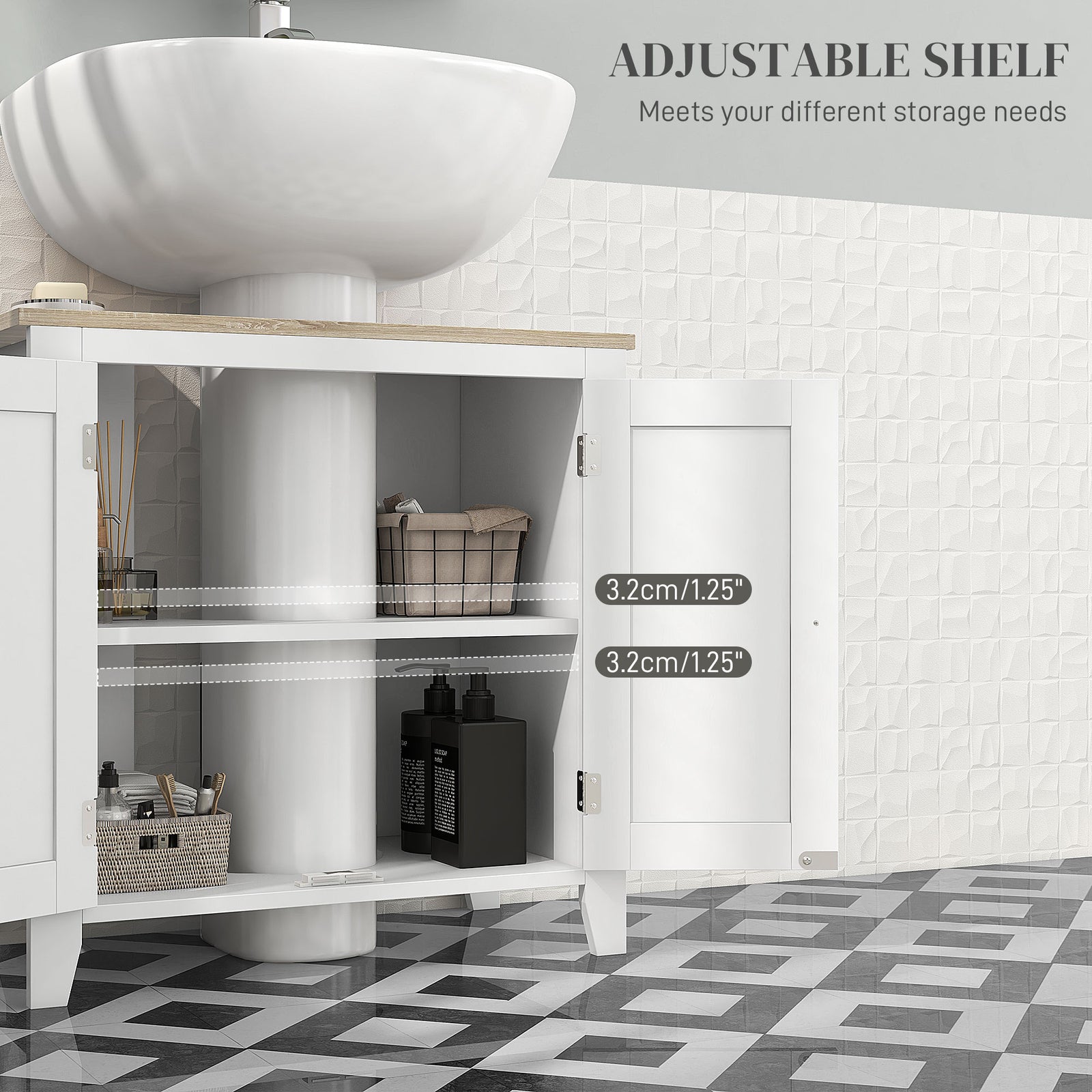 kleankin Under Sink Cabinet, Bathroom Sink Cabinet with 2 Doors, Pedestal Under Sink Design, Freestanding Bathroom Cupboard with Adjustable Shelf, White