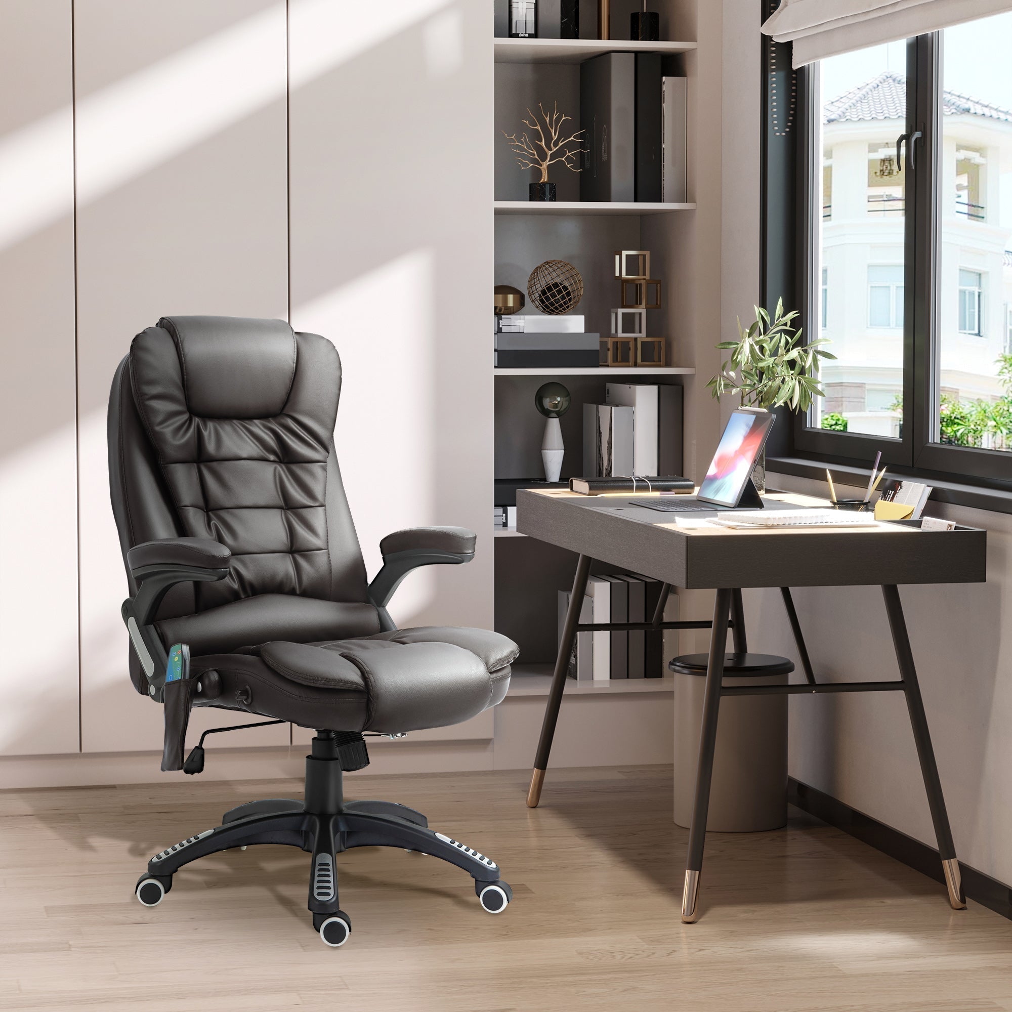 HOMCOM 6-Point Massage Office Chair with Seat Heated for Home Office, PU Leather High Back Executive Desk Chair with Adjustable Height and 360 Swivel for Work Study, Brown
