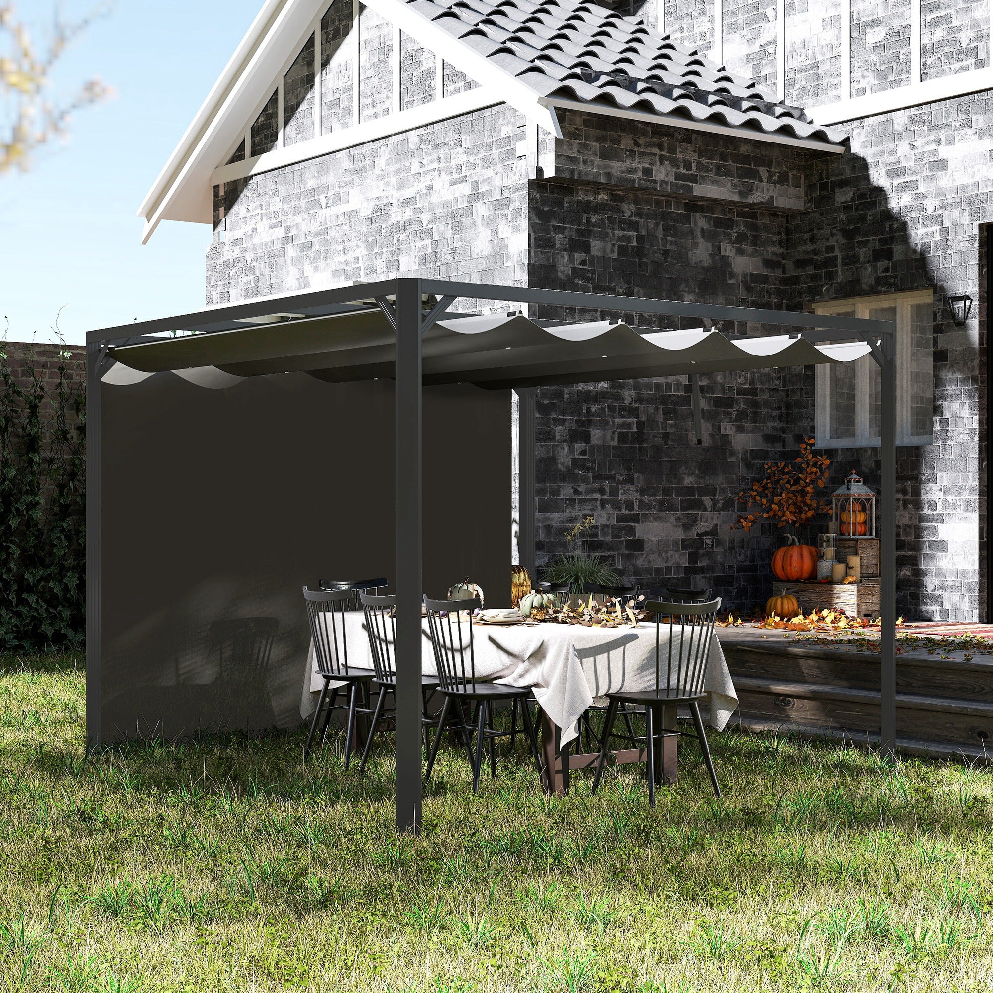 Outsunny 3 x 3m Aluminium Pergola, with Retractable Roof and Wall - Dark Grey