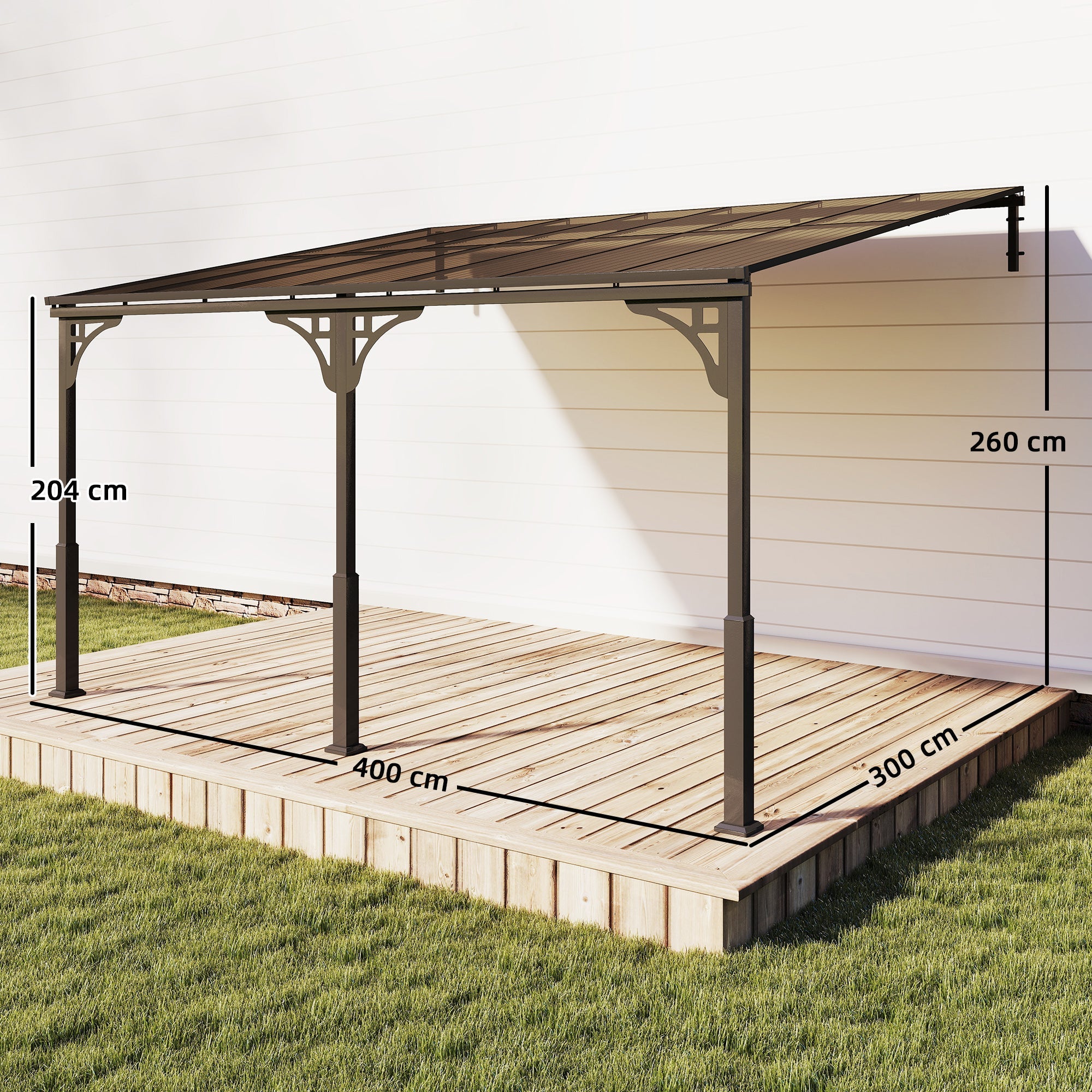Outsunny 4 x 3 m Metal Lean-to Pergola, Wall-Mounted Garden Pergola with Polycarbonate Roof and Metal-Aluminium Frame, Heavy Duty Hardtop Gazebo for Outdoor Patios, BBQ, Brown