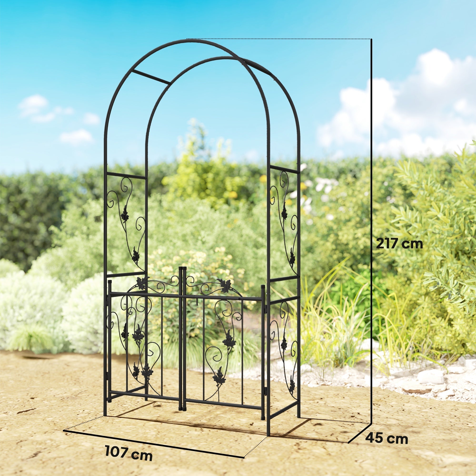 Outsunny 2.17m Steel Garden Arch with Gate, Wedding Arch for Outdoor, Garden, 107W x 45D x 217H cm Black