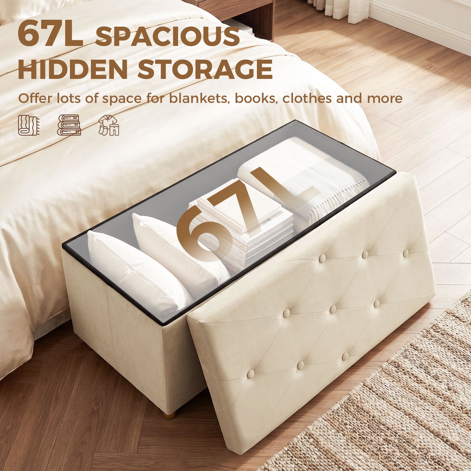 HOMCOM Velvet Upholstered Foldable Ottoman Footrest, Storage Ottoman Bench with Wood Legs for Living Room, Cream White