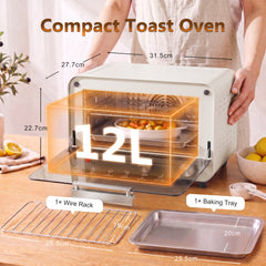 HOMCOM Mini Oven, Small Toaster Oven with Glass Door, Adjustable Temperature and Timer, Accessory Included, 750W, Cream White