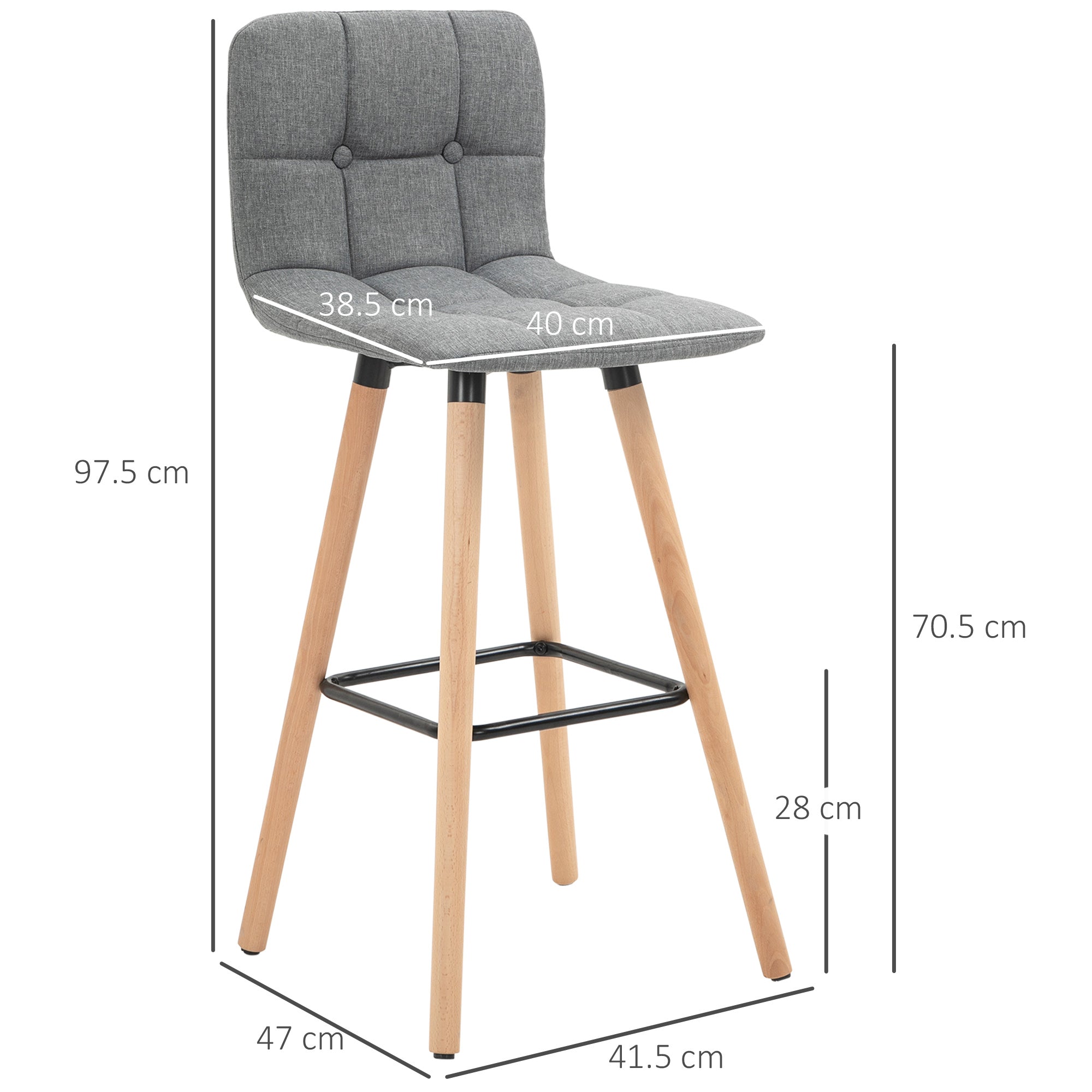 HOMCOM Breakfast Bar Stool Set of 2 Armless Button-Tufted Counter Height Bar Chairs with Wood Legs & Footrest, Grey