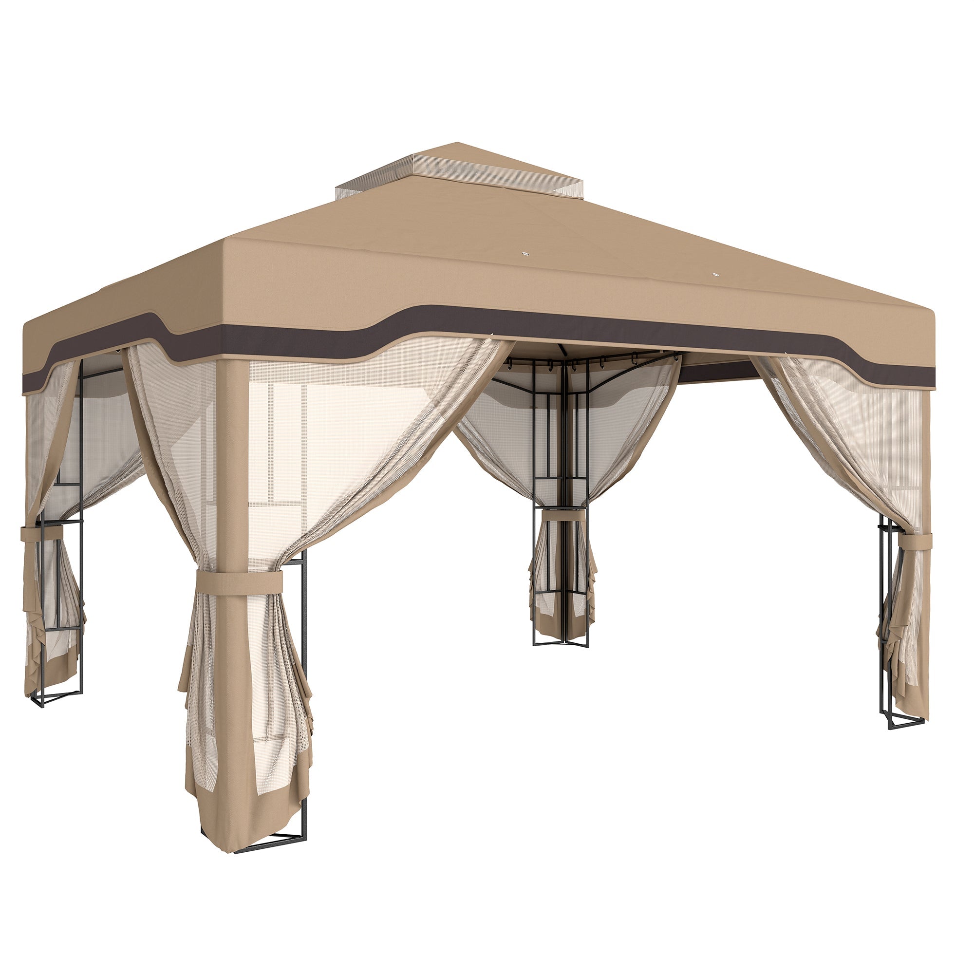 Outsunny 3 x 3.6 m Outdoor Garden Gazebo with Post Shelves, UPF50+ Patio Permanent Pavilion with Hook, Khaki
