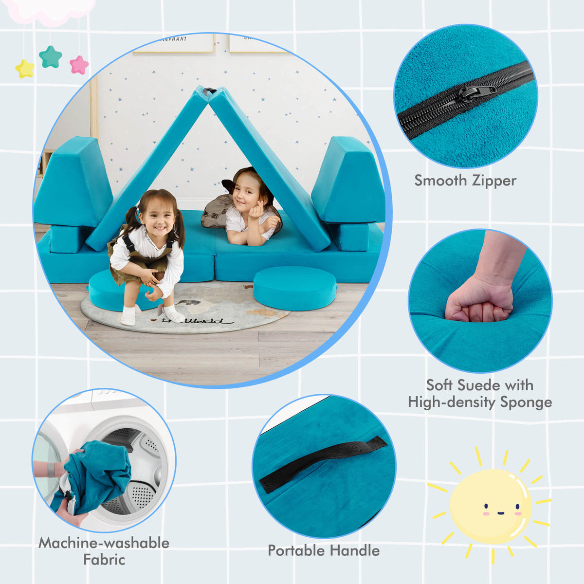 8-Piece Kids Play Couch Sofa with Portable Handle-Green