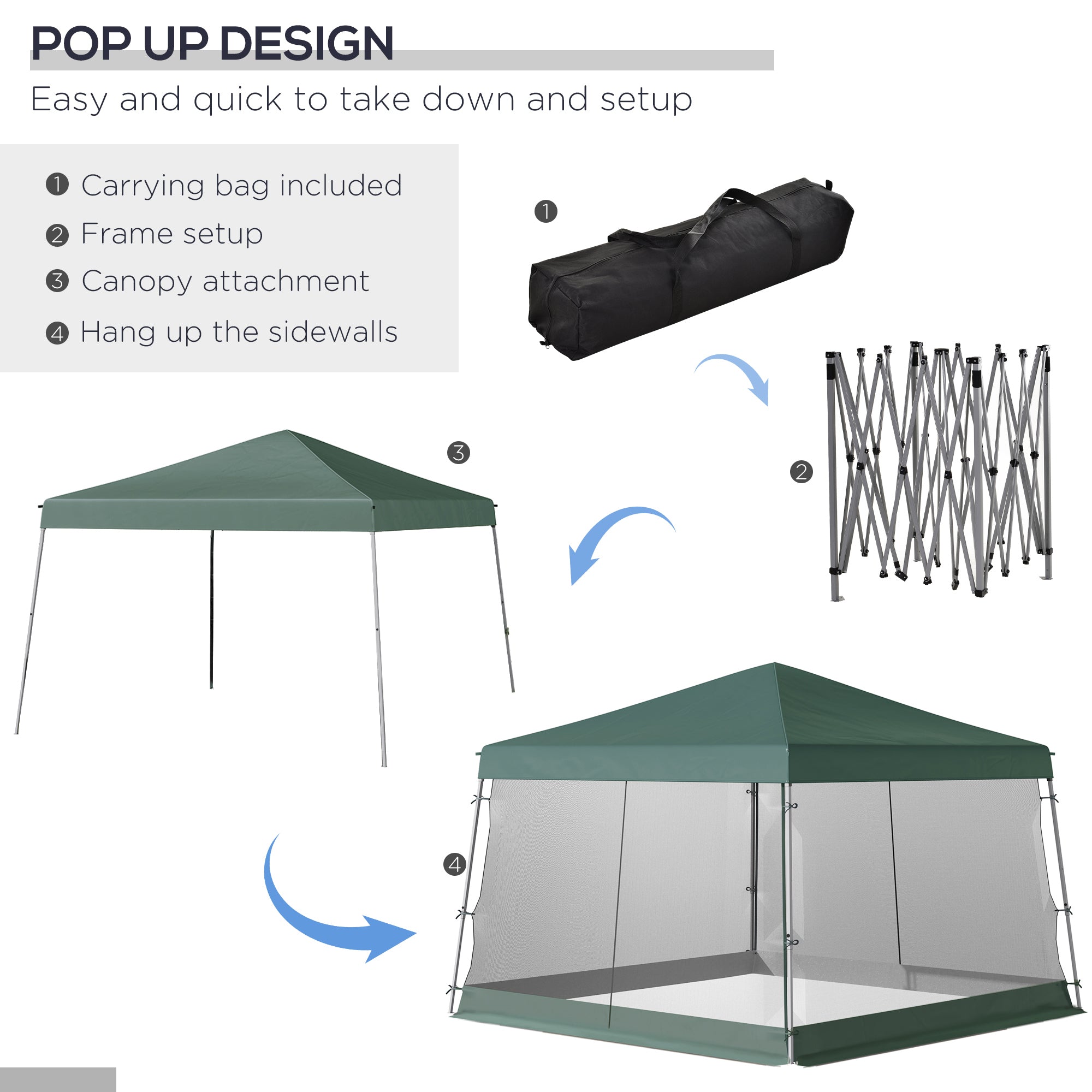 Outsunny Outdoor Garden Pop-up Gazebo Canopy Tent Sun Shade Event Shelter Folding with Adjustable Height, Mesh Screen Side Walls 3.5 M √É‚Äî 3.5 M Base / 3 M √É‚Äî 3 M Top, Green