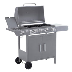 Outsunny 4+1 Burner Gas BBQ Grill, Outdoor Barbecue Trolley with Wheels, Warming Rack, Side Shelves, Cabinet, Thermometer for Garden, Party, Camping, 125L x 51W x 100Hcm, Grey