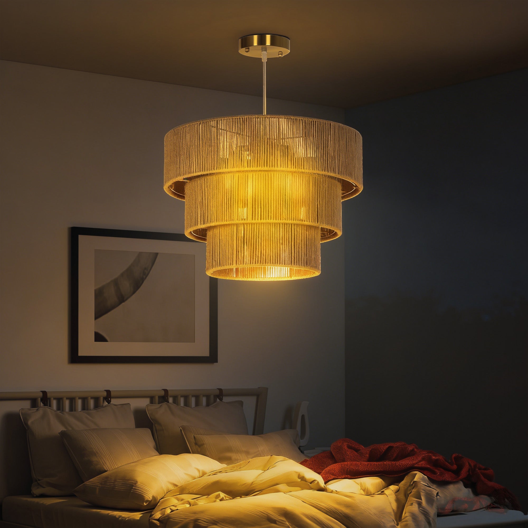 HOMCOM Hemp Rope Ceiling Light, 3-Layer Boho Pendant Light, 4 x E14 Vintage Ceiling Lamp Fixtures for Living Room, Bedroom, Kitchen, Hallway, Light Brown