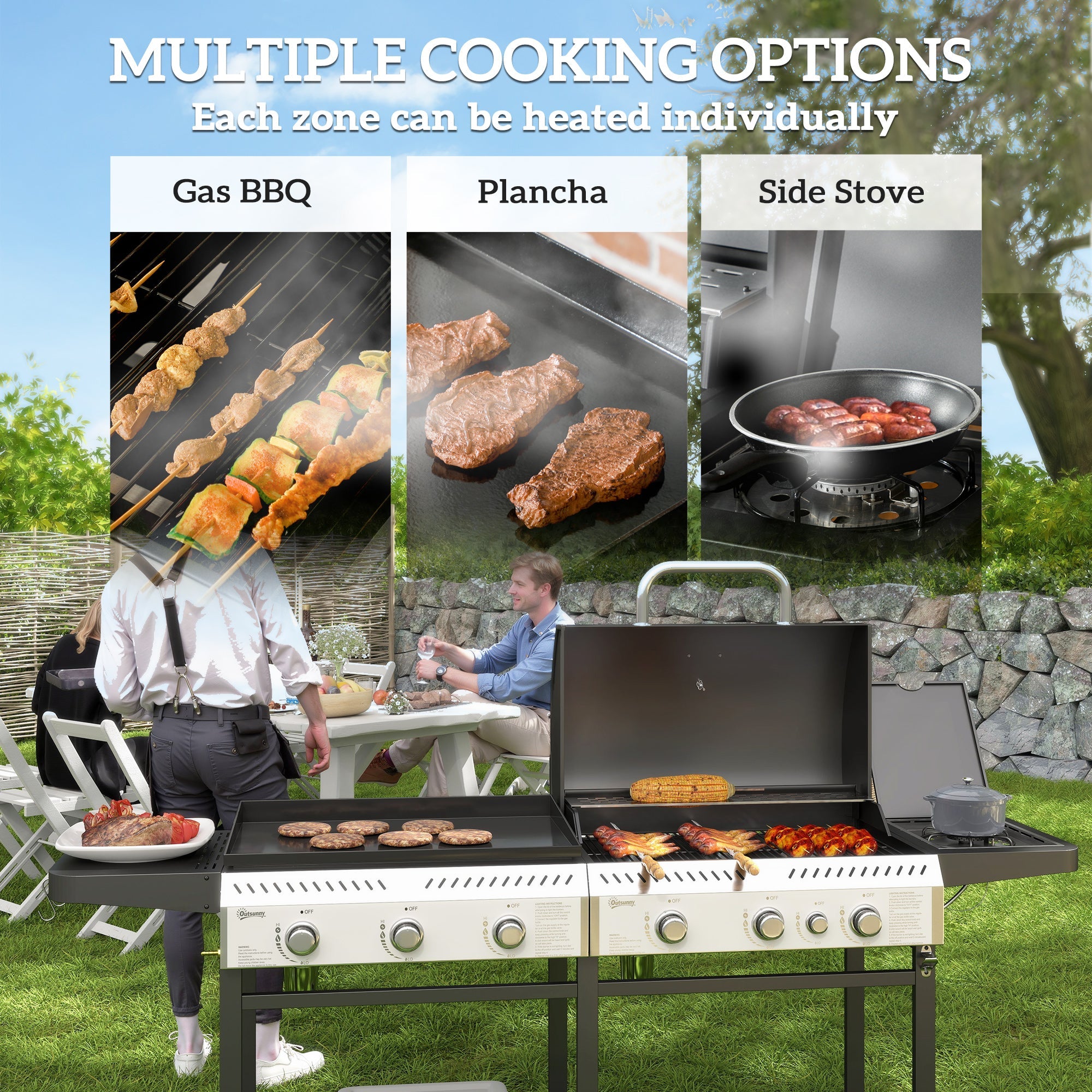 Outsunny Deluxe Duo Gas BBQ, with Grill, Plancha and Side Burner - Black