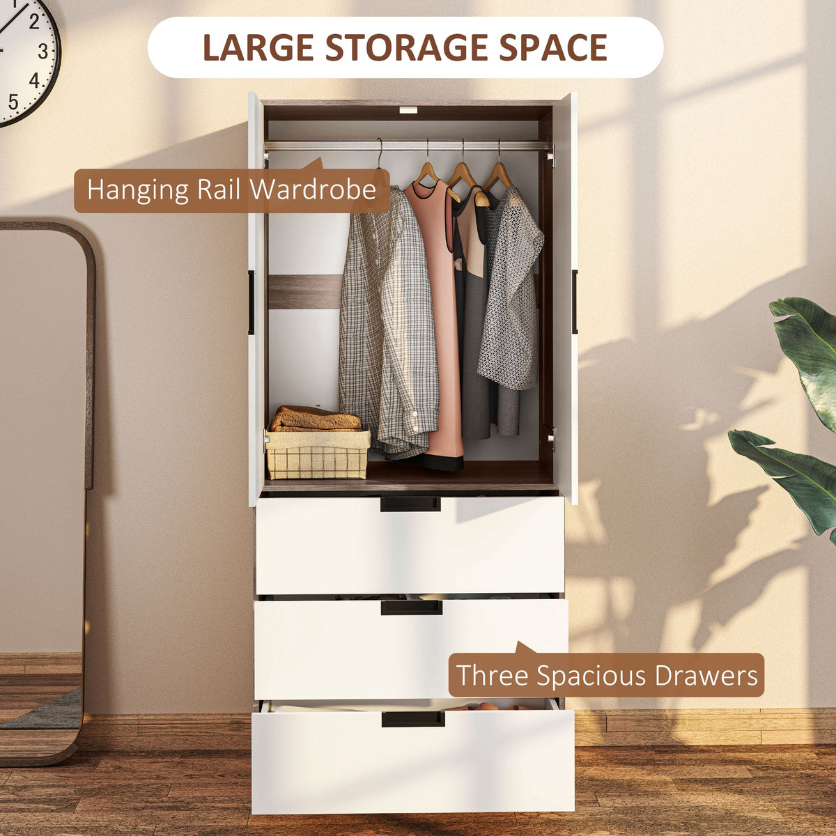 HOMCOM Two Door, Two Drawer Wardrobe - White/Brown