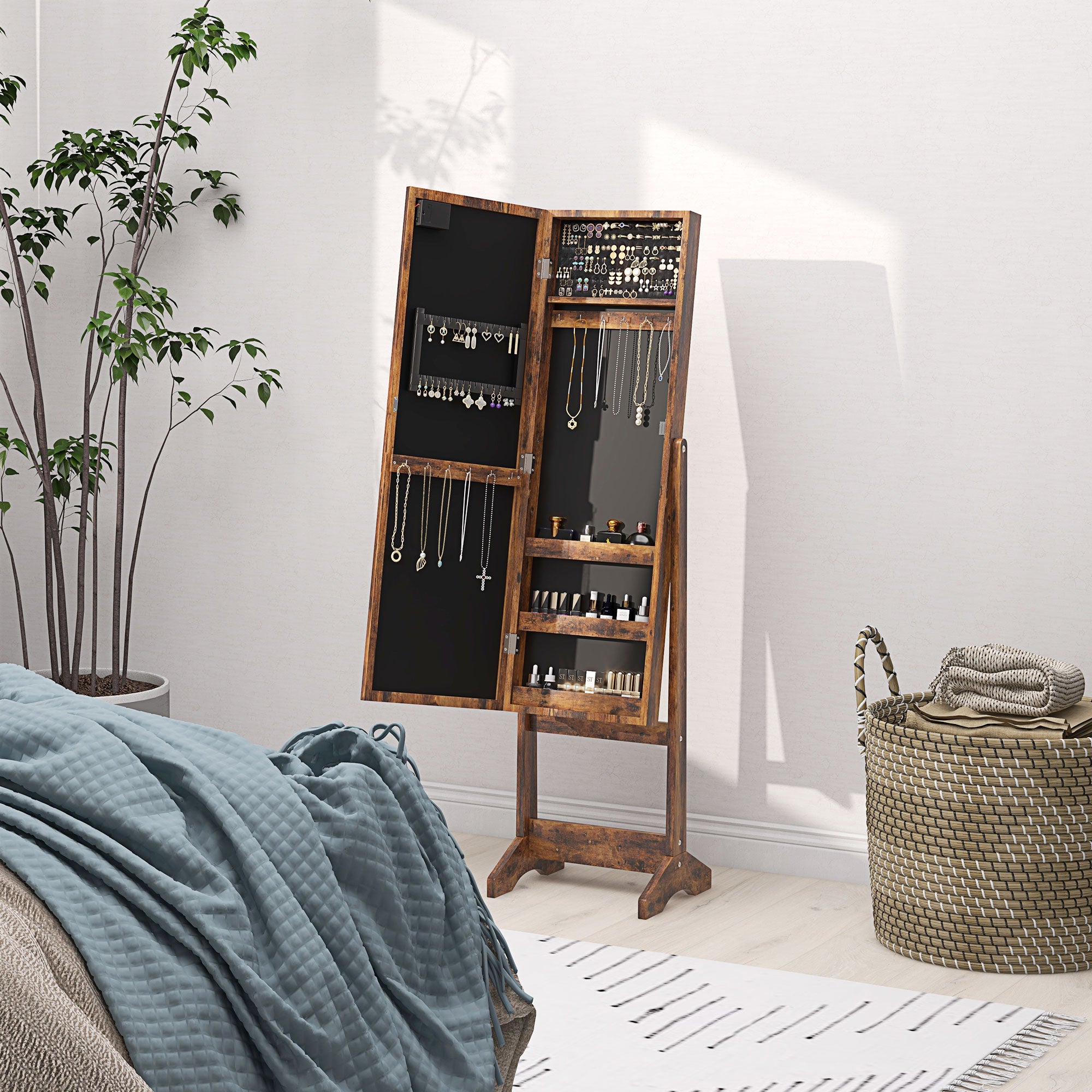 HOMCOM Freestanding Mirror Jewelry Cabinet with LED Lights, Jewellery Organiser with 3 Angle Adjustable, Full-Length Mirror with Storage for Earrings, Necklaces, Rings and Lipsticks, Rustic Brown