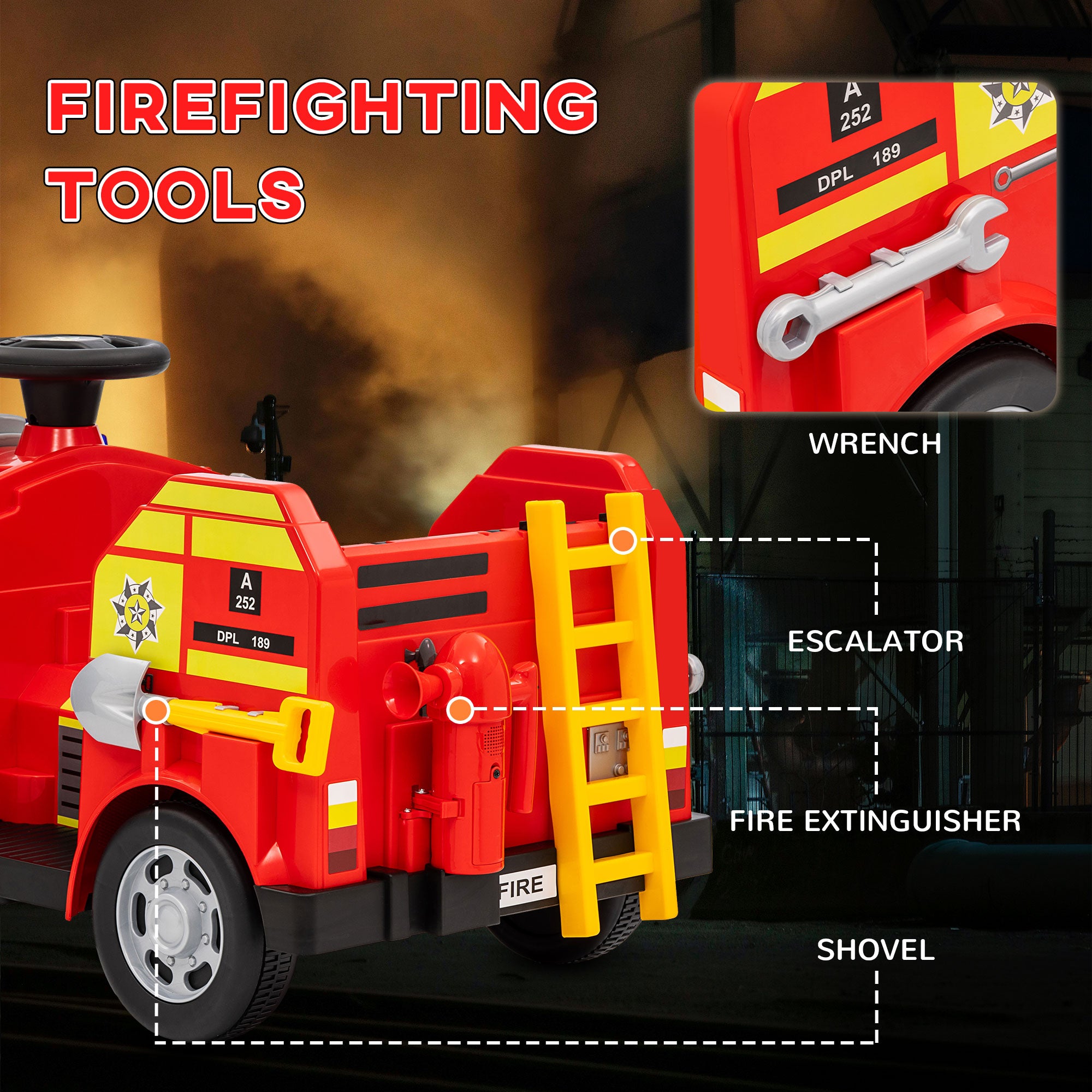 AIYAPLAY Ride On Fire Truck, 12V Kids Electric Car with Siren, Flashing Lights, Firefighting Tools, Music, Horn, Slow Start, Red