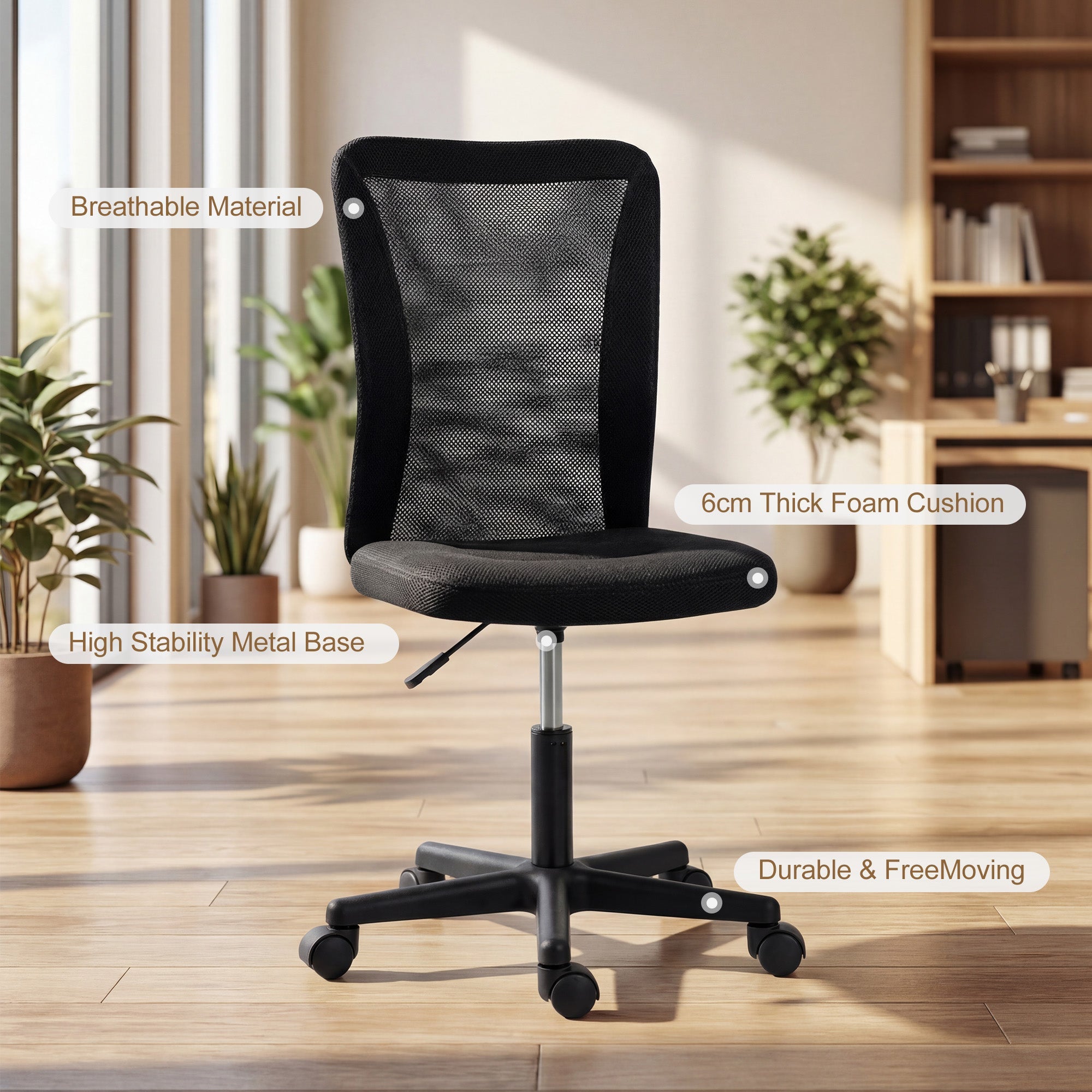 Vinsetto Computer Desk Chair, Armless Mesh Office Chair with Adjustable Height and Rolling Wheels, Black