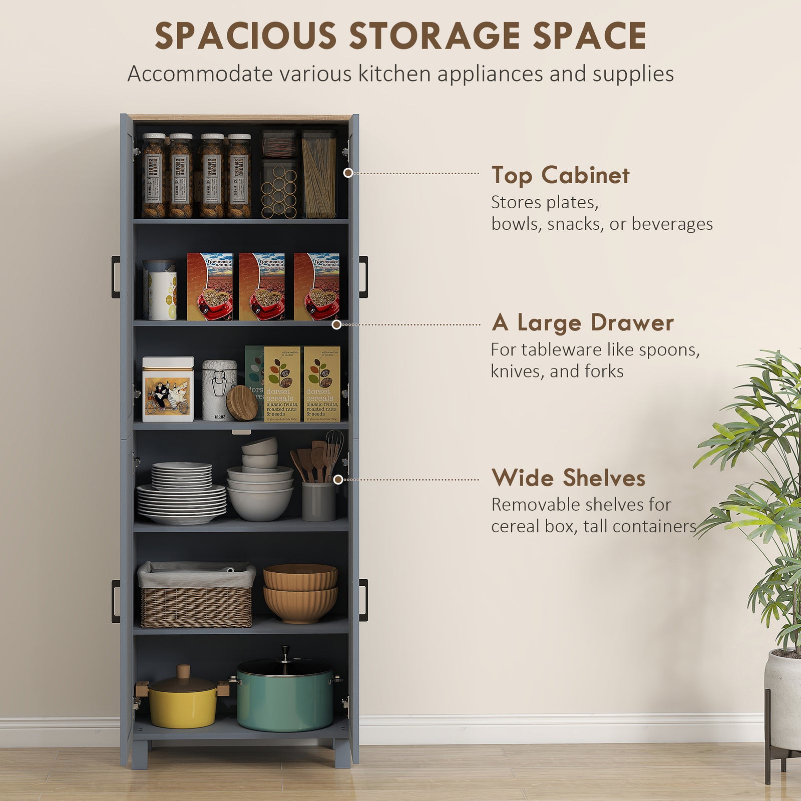 HOMCOM Freestanding Kitchen Cupboard, 4-Door Storage Cabinet with Adjustable Shelves, Modern Kitchen Pantry, 170cm, Grey