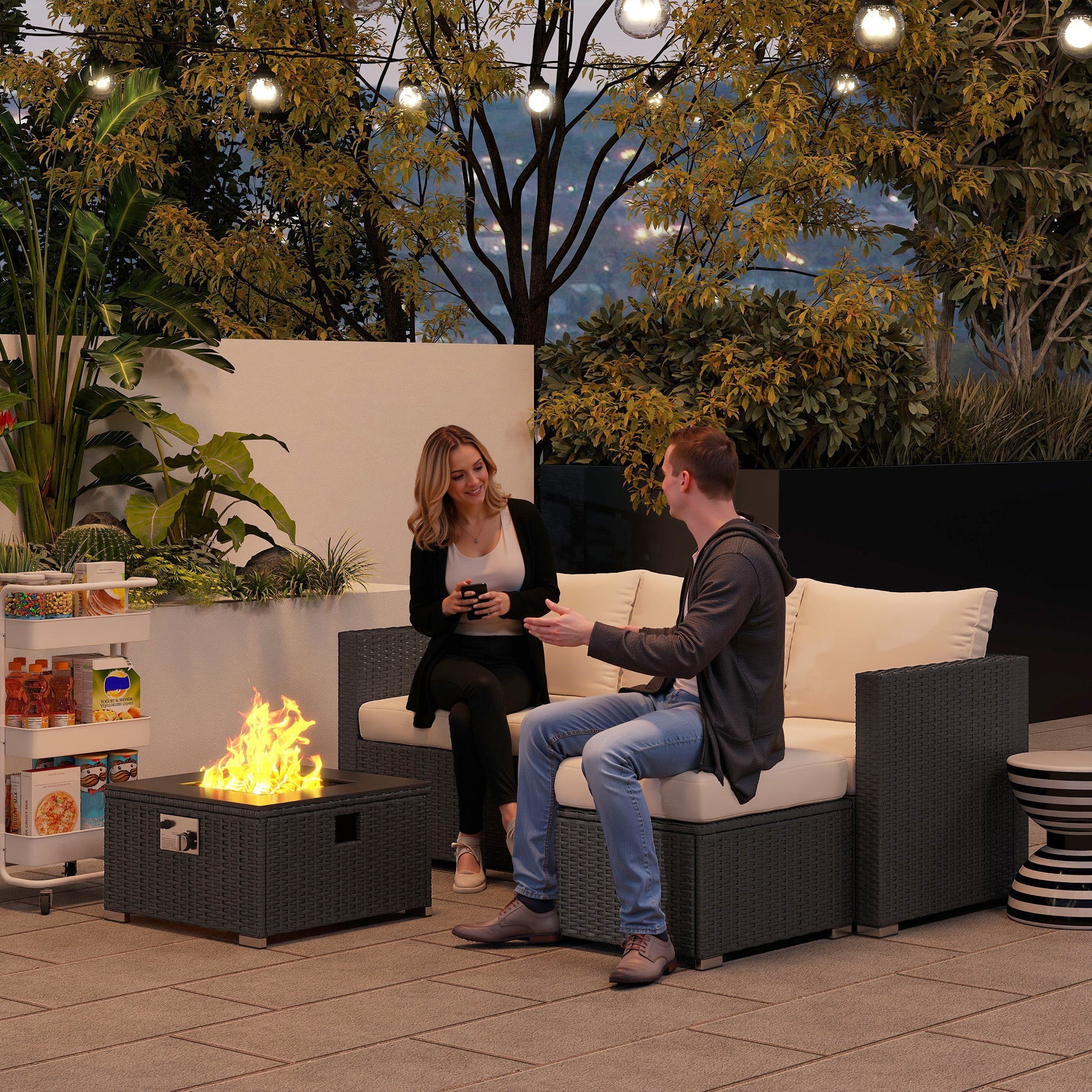 Outsunny Five Piece Rattan Garden Furniture Set with Gas Fire Pit Table and Footstool - Black and Cream White
