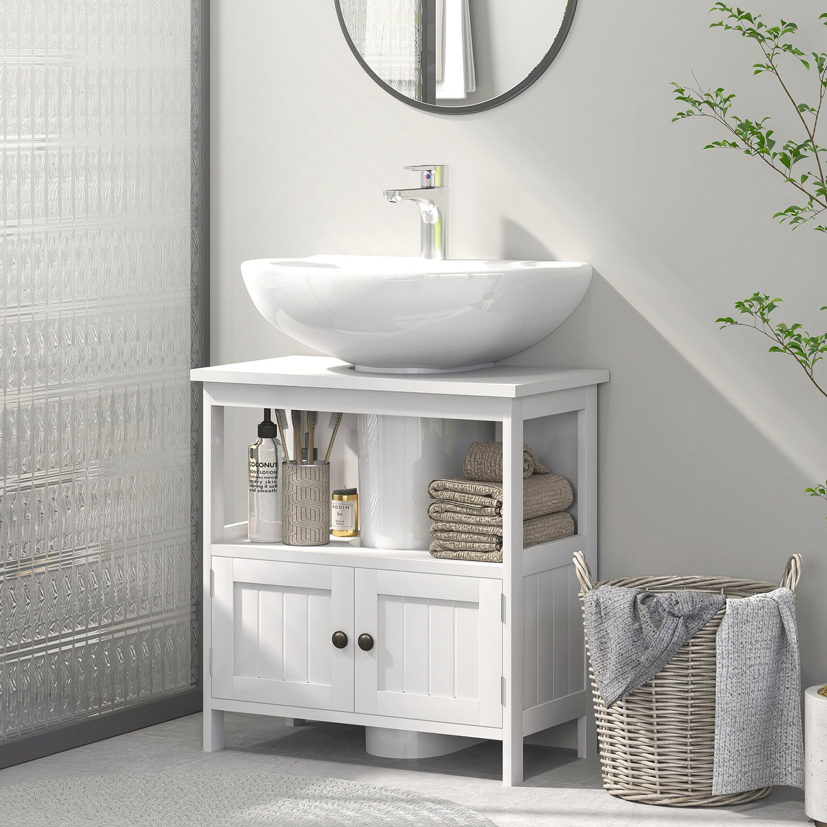 kleankin Pedestal Under Sink Cabinet with Double Doors, Modern Bathroom Vanity Storage Unit with Shelves, White