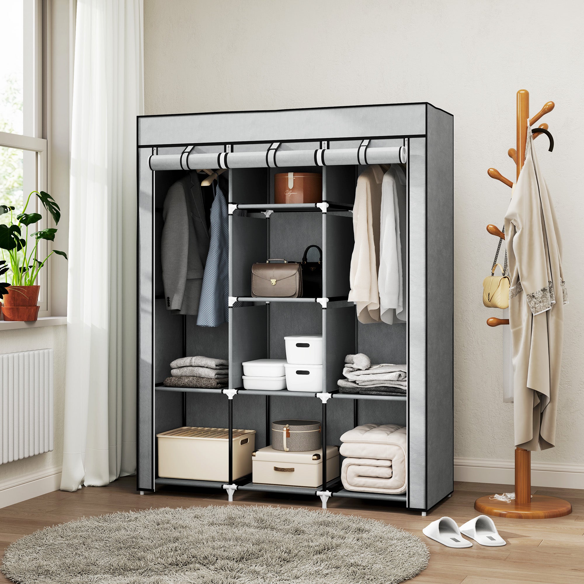 HOMCOM Fabric Wardrobe, with Rails and Shelves - Light Grey