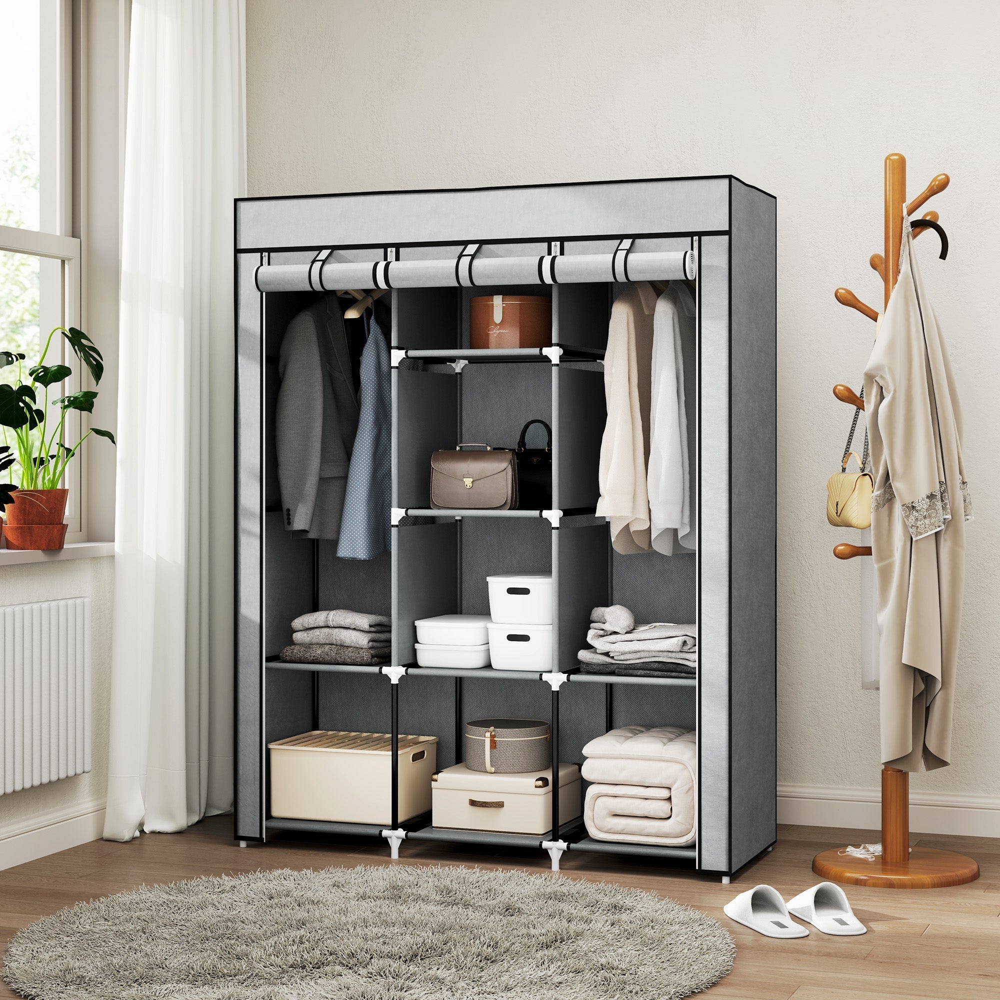 HOMCOM Fabric Wardrobe, with Rails and Shelves - Light Grey