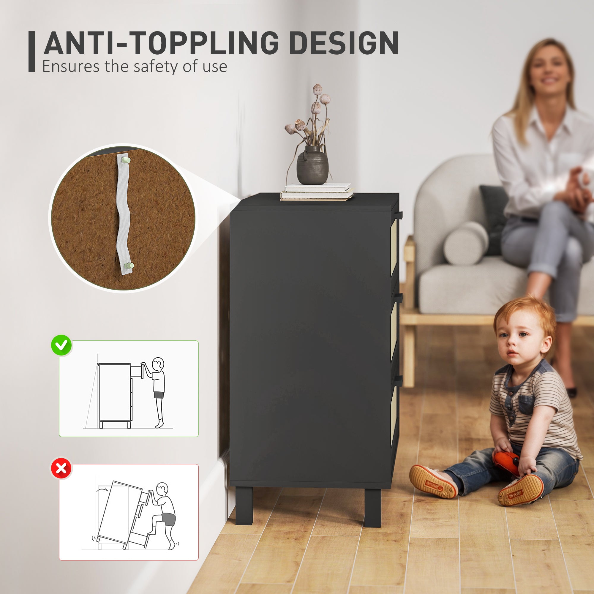 HOMCOM Rattan Bedroom Chest of Drawers, 3 Drawers Storage Unit, Boho Dresser for Living Room, Hallway, Black