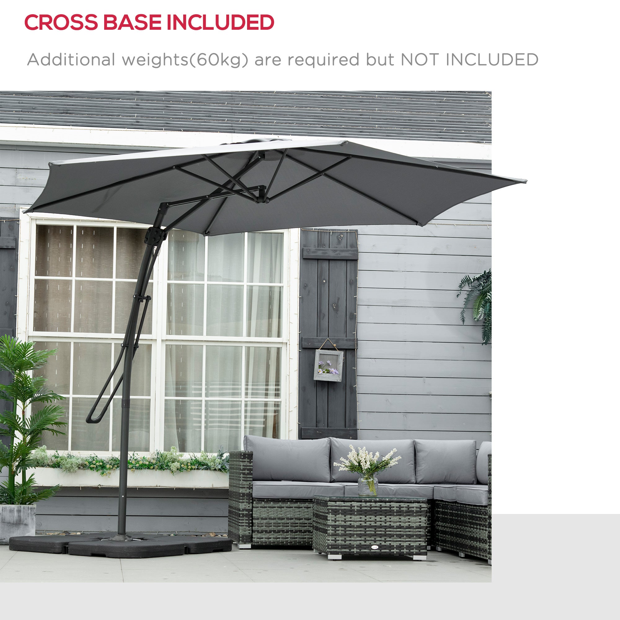 Outsunny 3m Cantilever Parasol with Easy Lever, Patio Umbrella with Crank Handle, Cross Base and 6 Metal Ribs, Outdoor Sun Shades for Garden, Grey