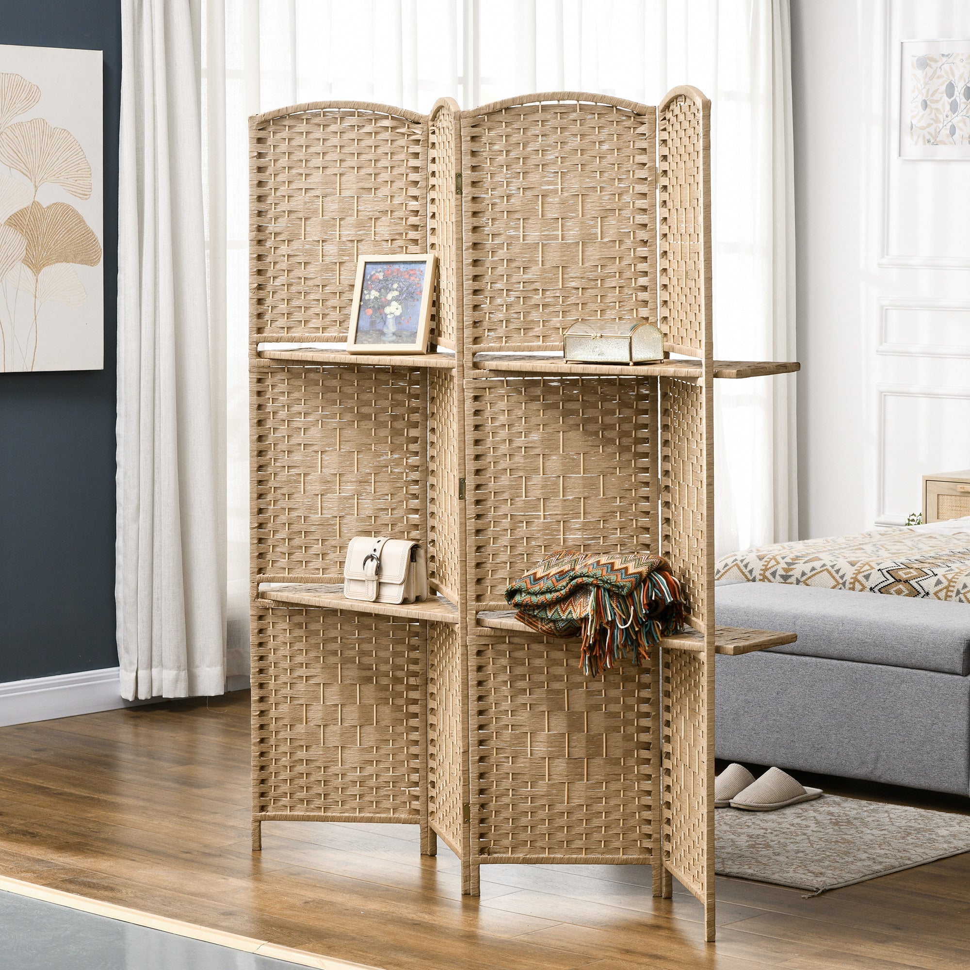 HOMCOM 4-panel room divider screen 160 x 170 cm with 2 shelves, foldable, wood
