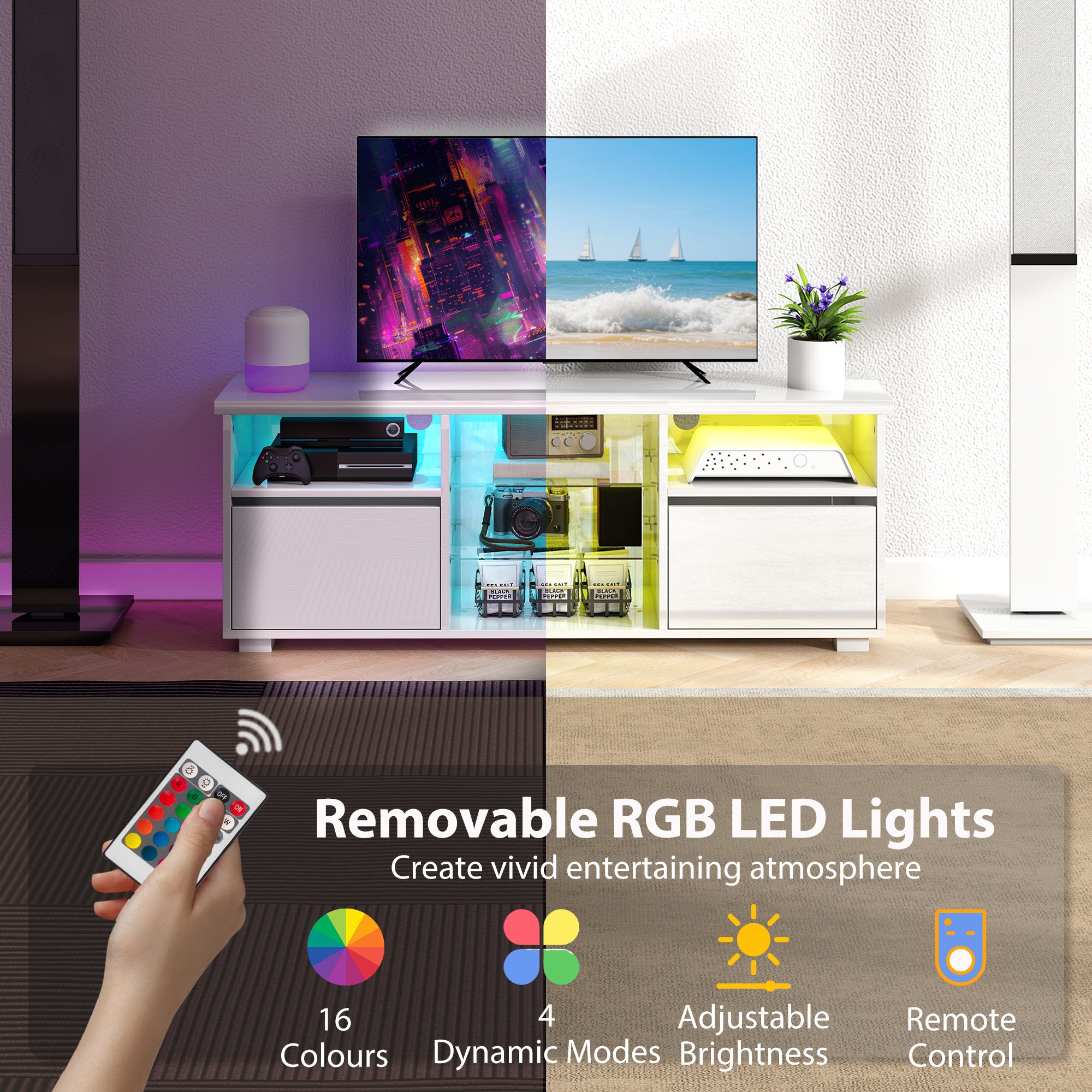 HOMCOM TV Stand Cabinet with LED Lights - High Gloss White