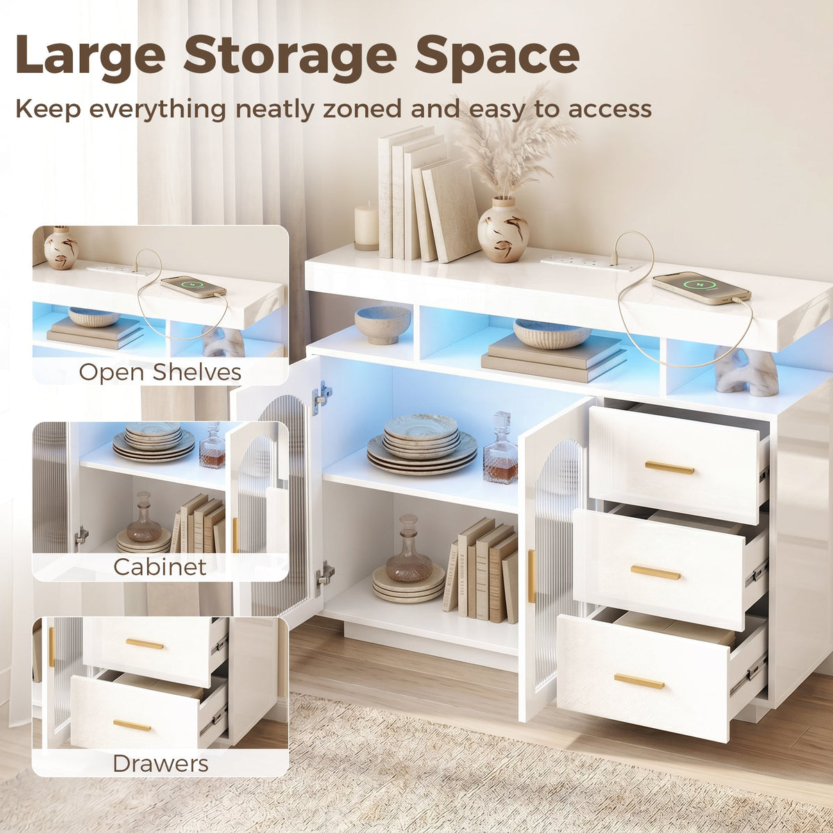 HOMCOM High Gloss Sideboard with LED Lights, Built-in Power Outlets, 3 Drawers, Shelves and 2 Acrylic Doors, White