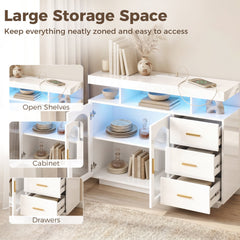 HOMCOM High Gloss Sideboard with LED Lights, Built-in Power Outlets, 3 Drawers, Shelves and 2 Acrylic Doors, White