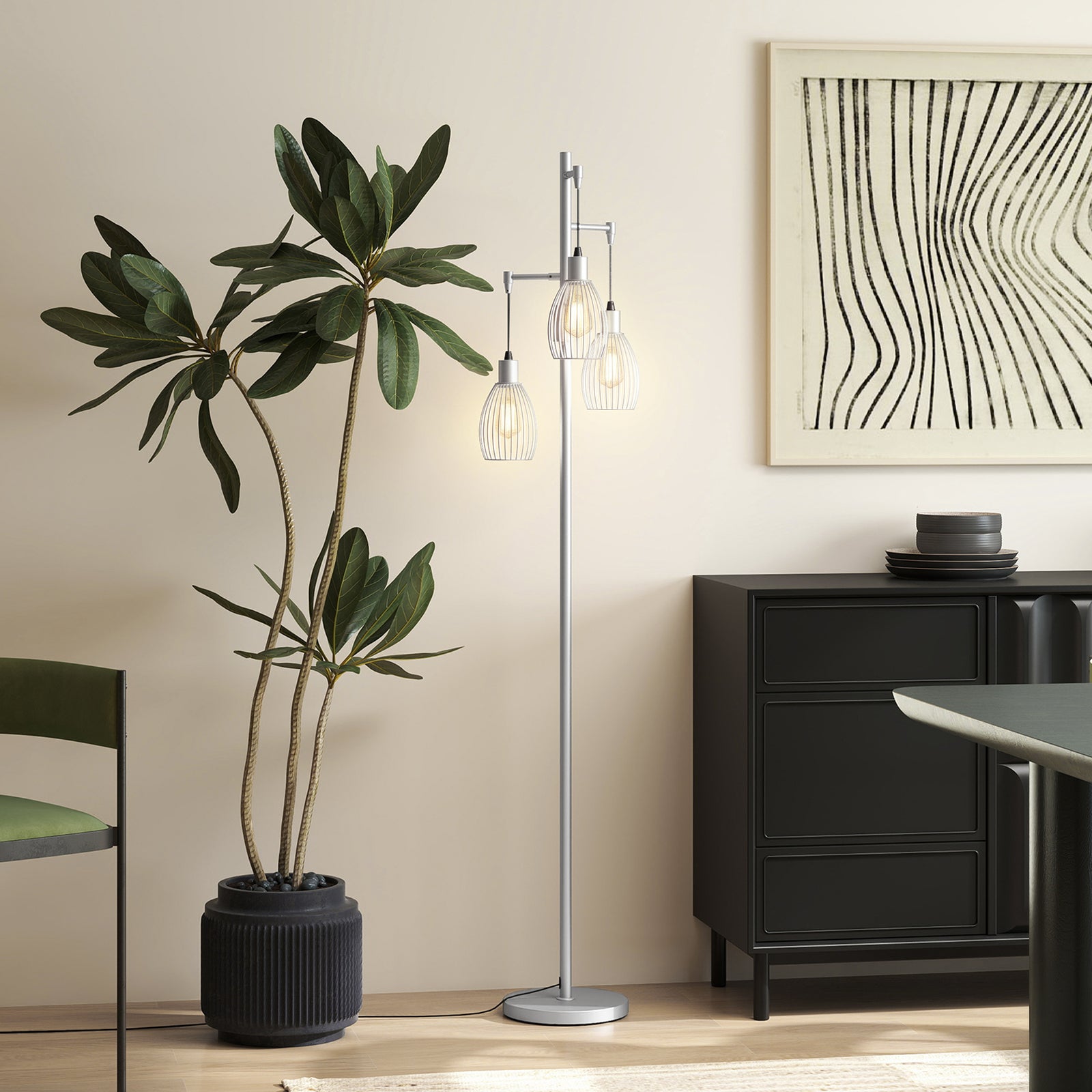 HOMCOM 170.5cm Industrial Dimmable Standing Lamp, 3-Light Floor Lamp with Steel Wire Cage Lampshades, Silver Tone