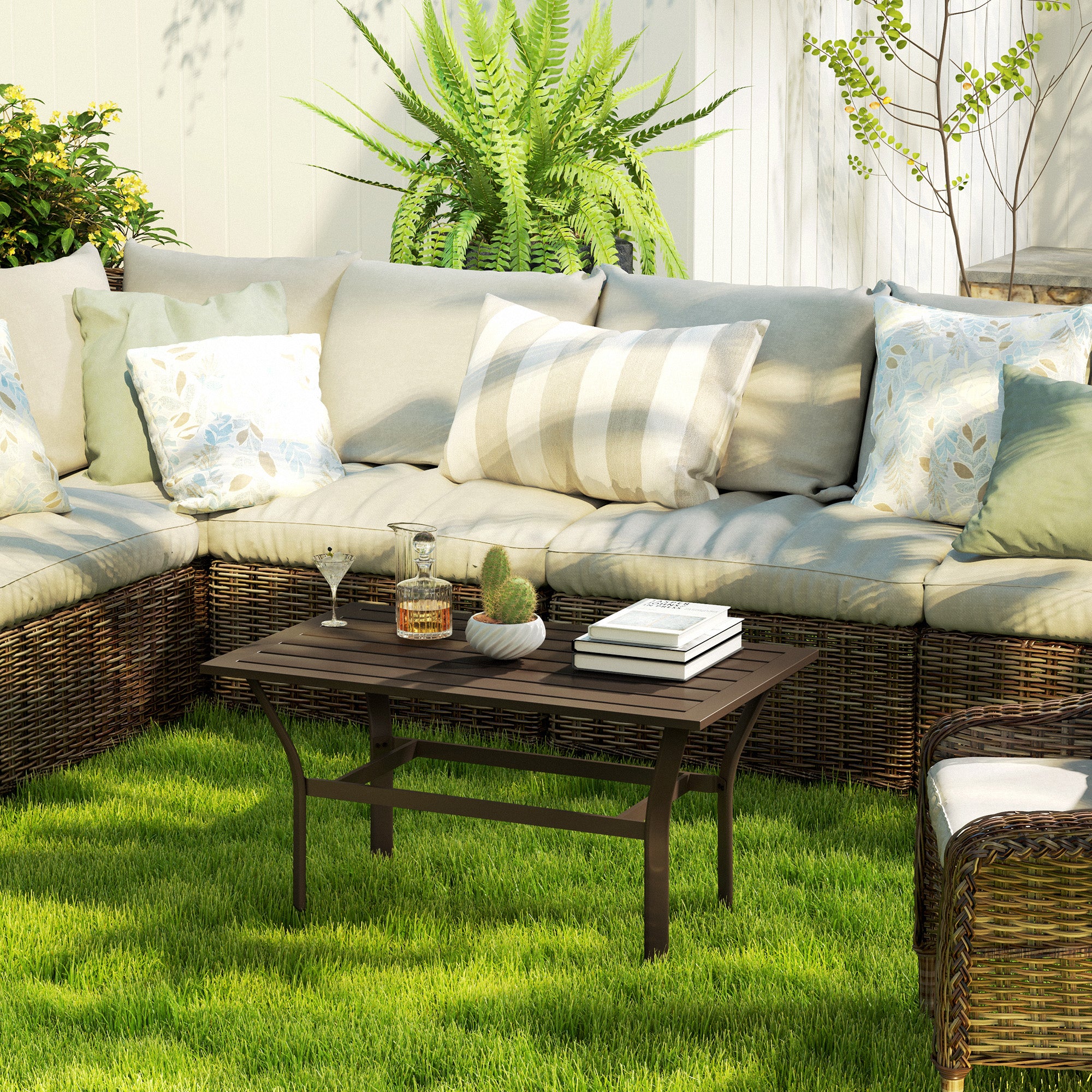 Outsunny Metal Garden Coffee Table, Rectangular Outdoor Side Table with Slatted Tabletop, Foot Pads for Outside, Garden, Balcony, Porch, 91.5 x 55 x 45cm, Brown