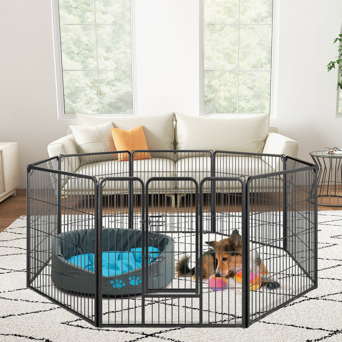 8 Panel 60cm/80cm Height Pen Fence with Lock and Large Door-Black-80 cm