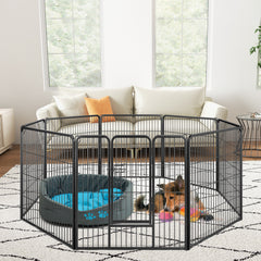 8 Panel 60cm/80cm Height Pen Fence with Lock and Large Door-Black-80 cm