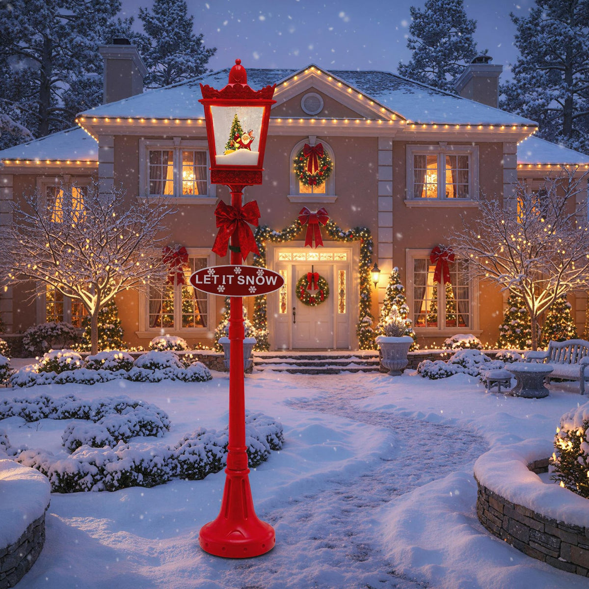 8 ft Musical Christmas Streetlight Xmas Lamp Post with Warm White LED Lights and Snowy Effects-Red