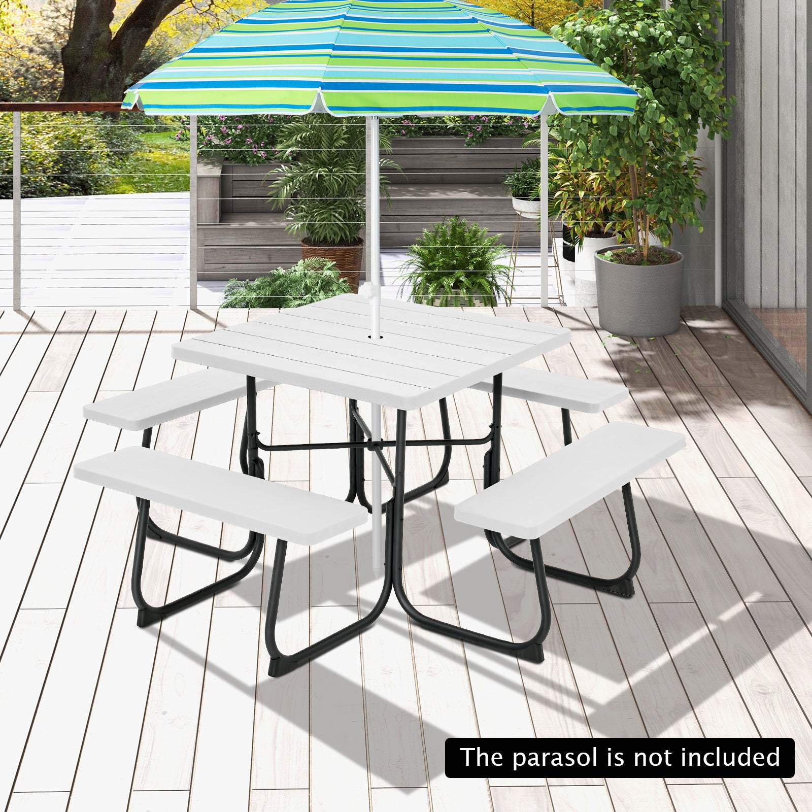 8-person Square Picnic Table Bench Set with 4 Benches and Umbrella Hole-White