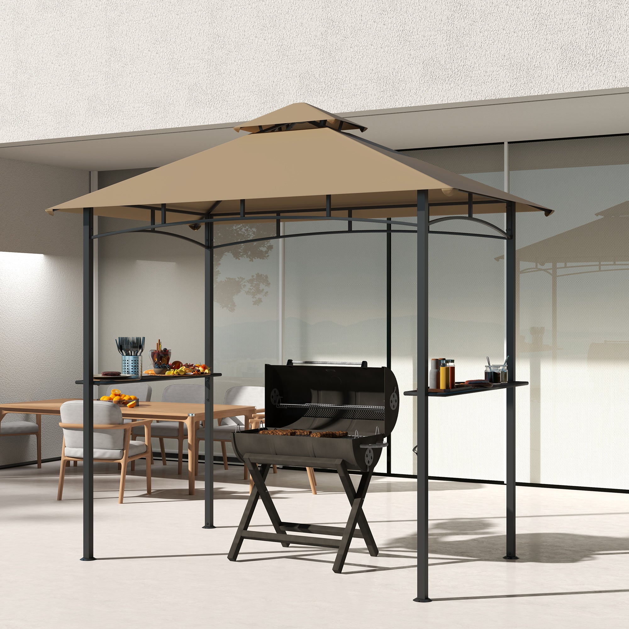Outsunny 2.5x1.5m (8'x5') Grill Gazebo Canopy, Double Tiered Outdoor BBQ Gazebo Shelter with 2 Side Shelves for Garden, Patio, Barbecue, Picnic, Khaki