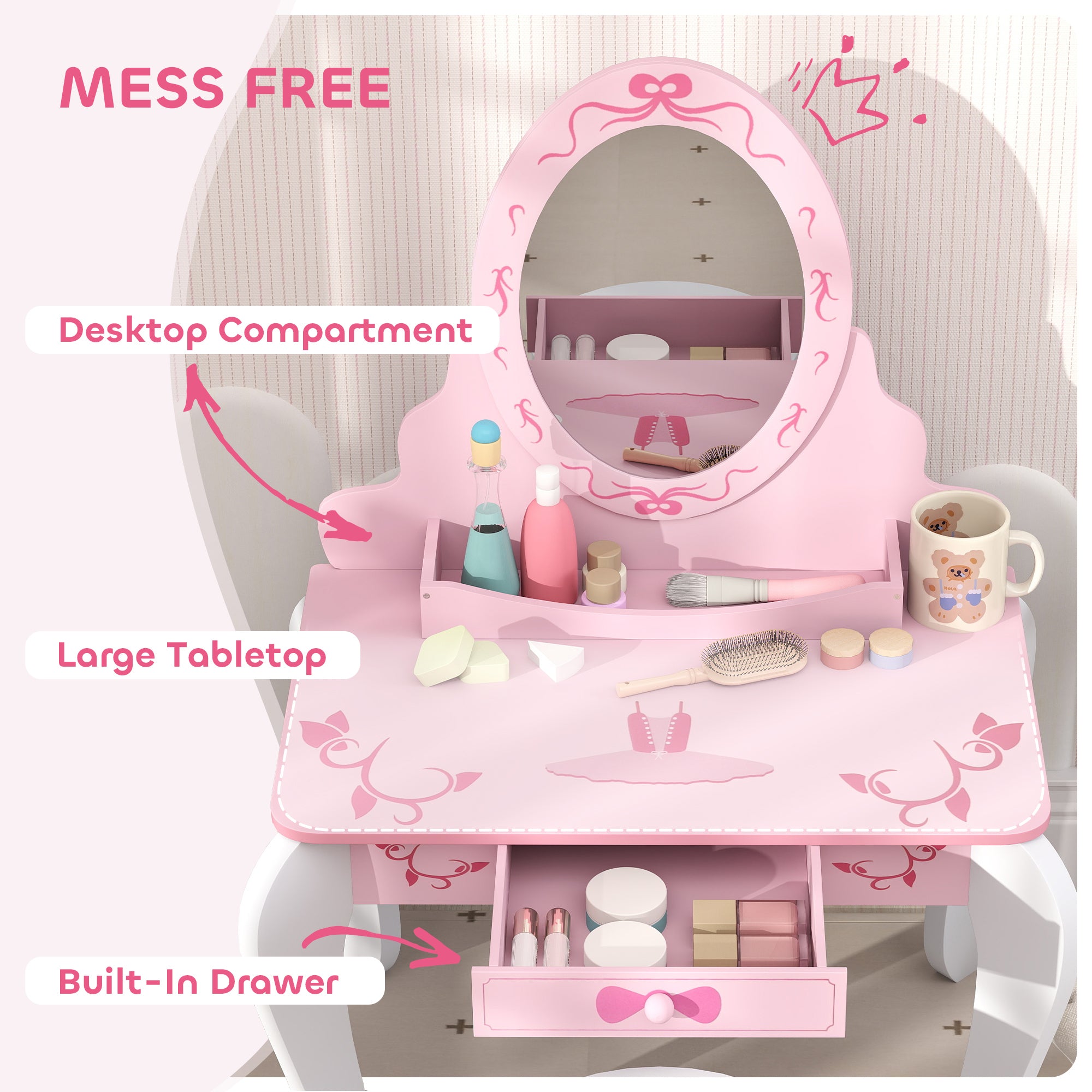 AIYAPLAY Kids Dressing Table Set, Vanity Table with Stool, Mirror, Drawer, Desktop, Storage, Ballet-Theme, Pink