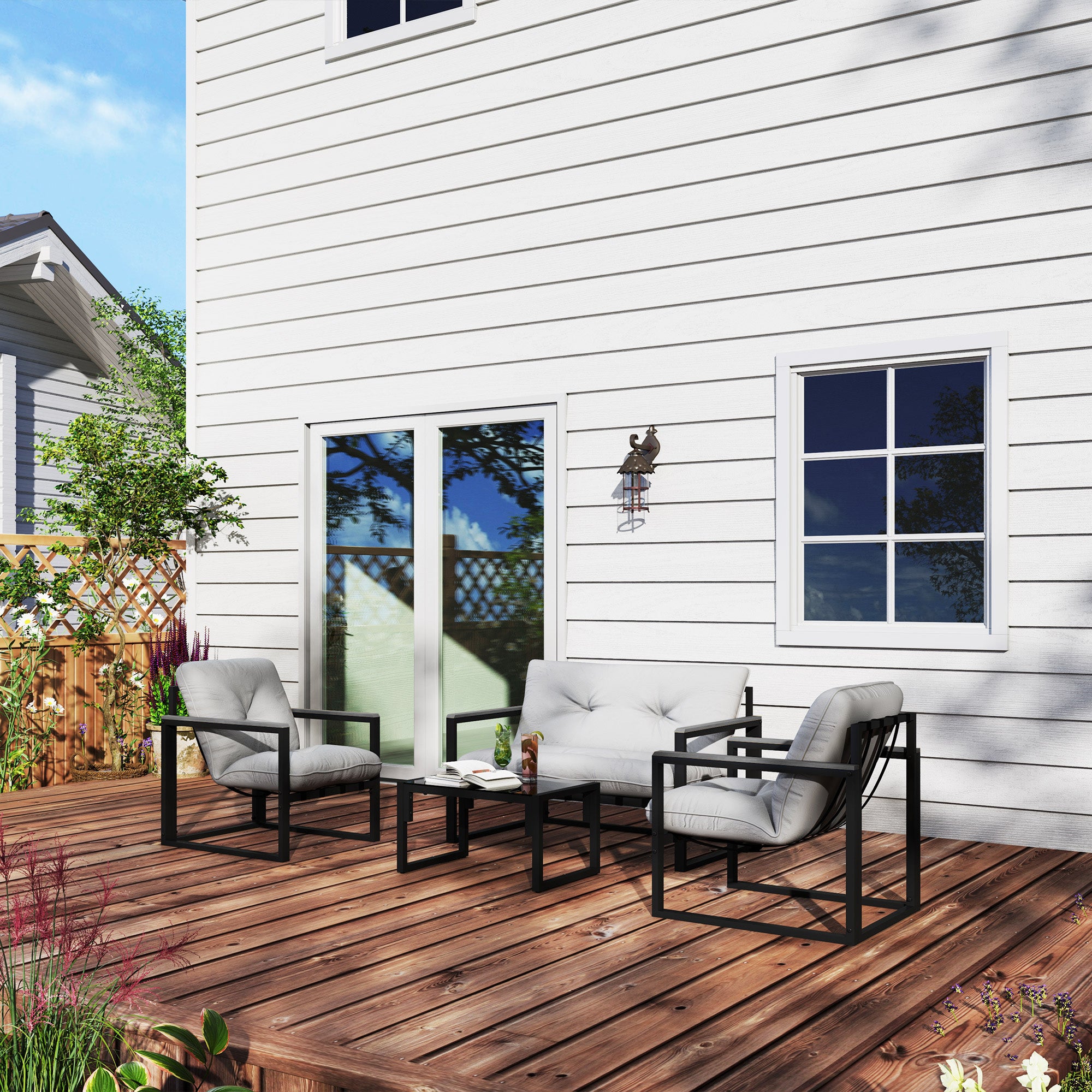 Outsunny Garden Furniture Set, 4 Piece Indoor Outdoor Conservatory with Loveseat Sofa, Armchairs, Glass Top Coffee Table, Cushions for Balcony, Poolside, Patio, Dark Grey