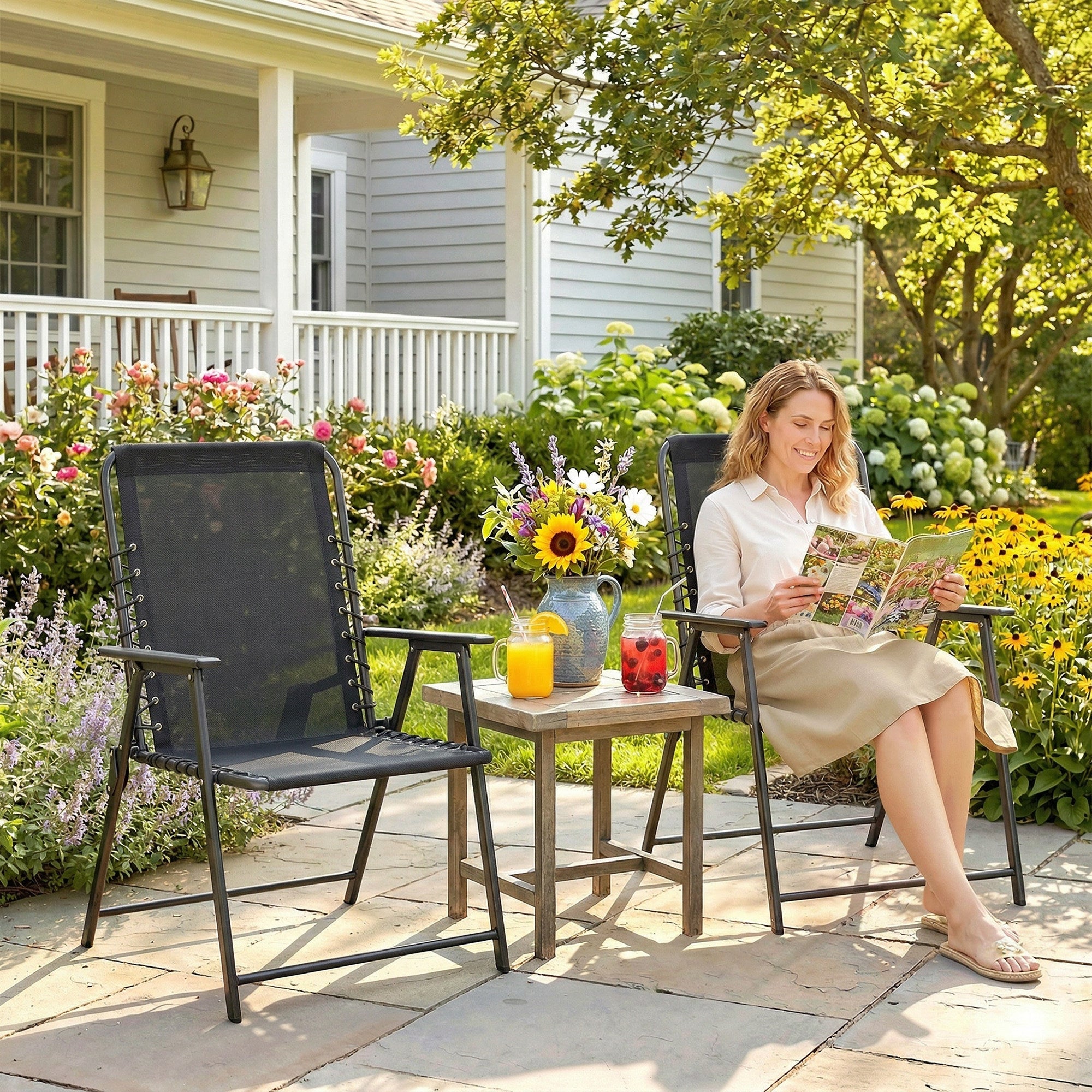Outsunny Folding Garden Chairs Set of 2, Outdoor Dining Chairs with Wide Texteline Seat, High Back and Armrests, Black