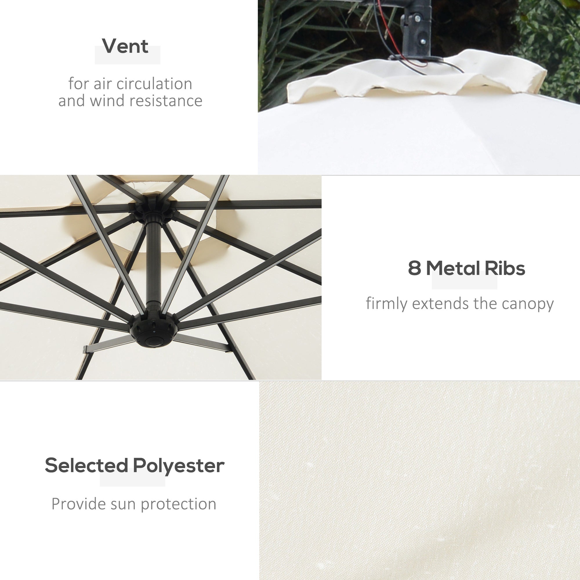 Outsunny Umbrella Parasol W/Solar Powered LED strips, 2.95x2.45H m-Cream